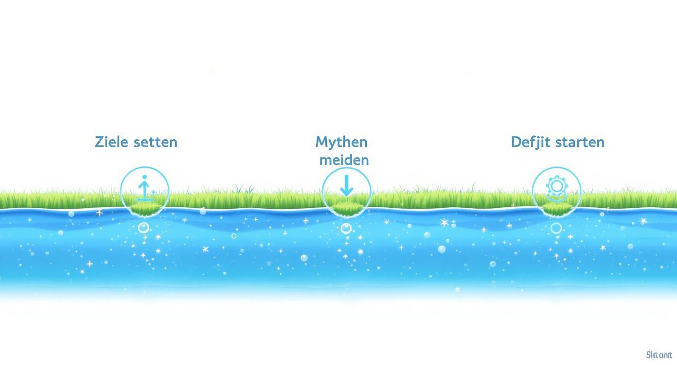 Illustration von drei Schritten zum erfolgreichen Abnehmen: Ziele setzen, Mythen meiden und Defizit starten.