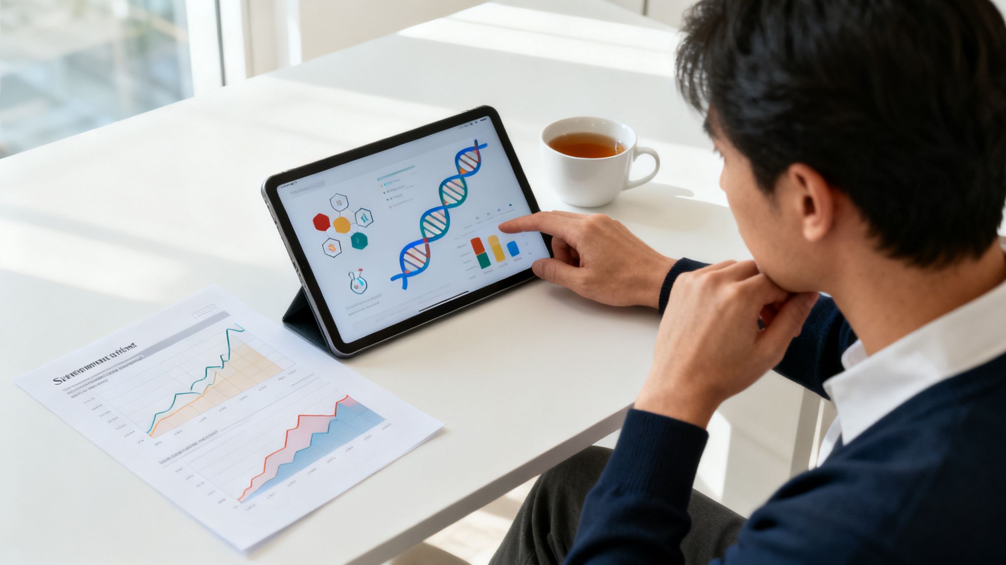 Mann analysiert auf einem Tablet DNA-Daten und Diagramme, mit weiteren Statistiken auf Papier und einer Tasse Tee.