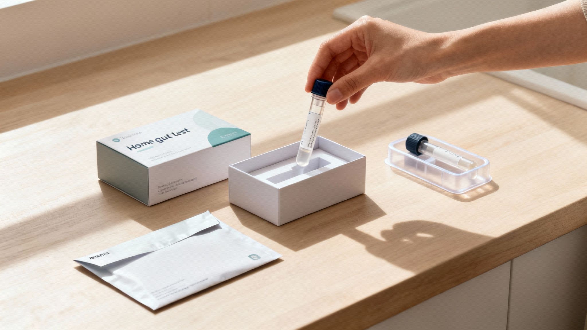 Mano che tiene una provetta sopra un kit per l'analisi della flora intestinale domiciliare, appoggiato su un tavolo di legno.