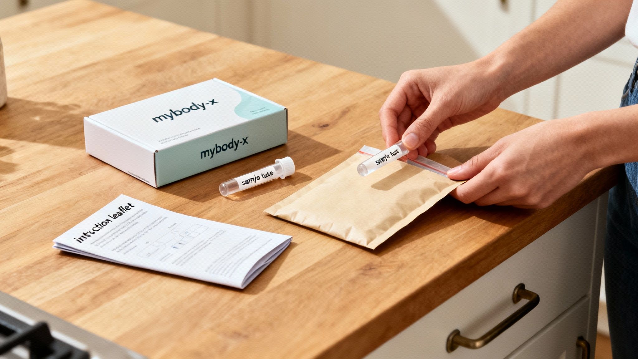 Eine Person bereitet ein mybody-x Heimtest-Kit mit Probenröhrchen und Anweisungen vor.
