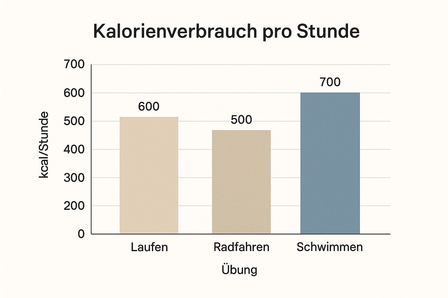 Infografik, die den Kalorienverbrauch pro Stunde für Laufen, Radfahren und Schwimmen vergleicht
