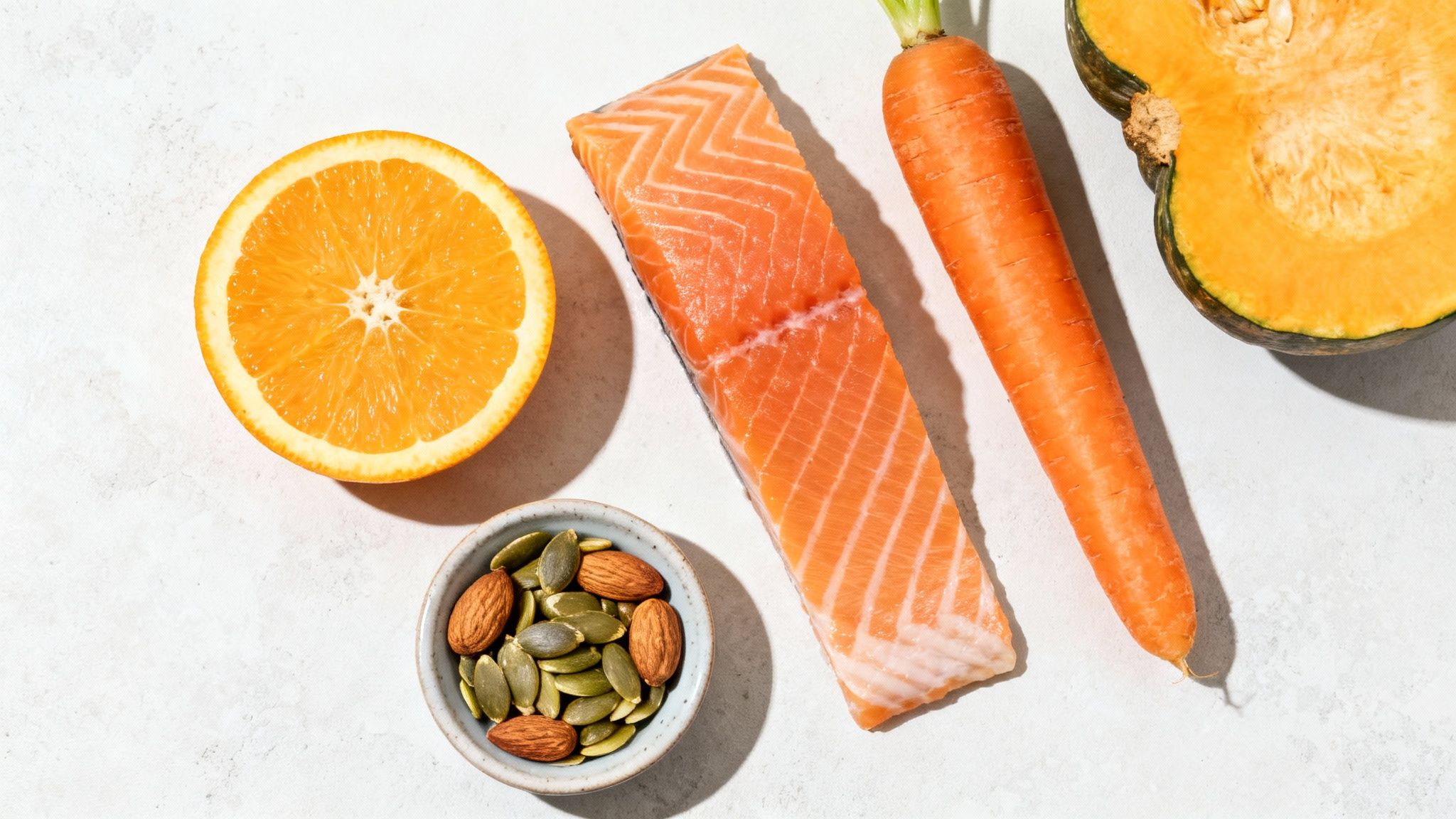 Gesunde Lebensmittel reich an Vitaminen: Lachs, Orange, Karotte, Kürbis und Nüsse zur Stärkung des Immunsystems