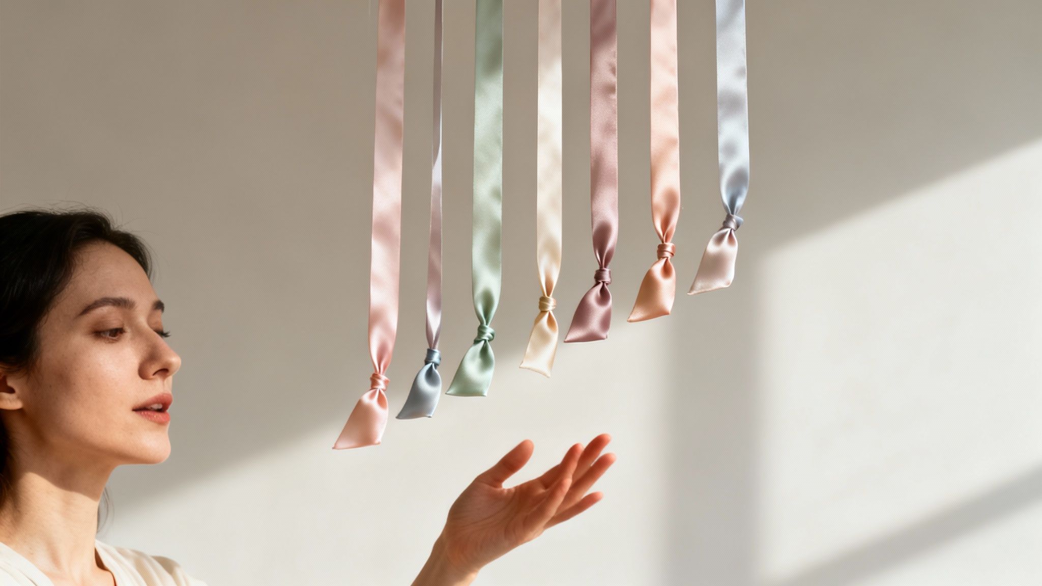 Una donna osserva con la mano tesa, nella luce del sole, dei nastri color pastello che fluttuano delicatamente nell'aria.