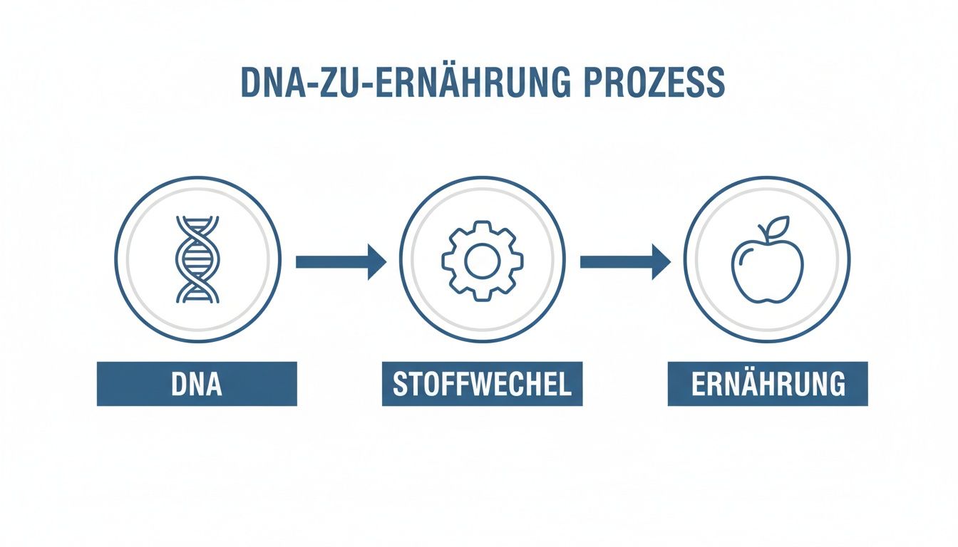 Ein Diagramm illustriert den Prozess von DNA über Stoffwechsel zu Ernährung mit entsprechenden Symbolen.