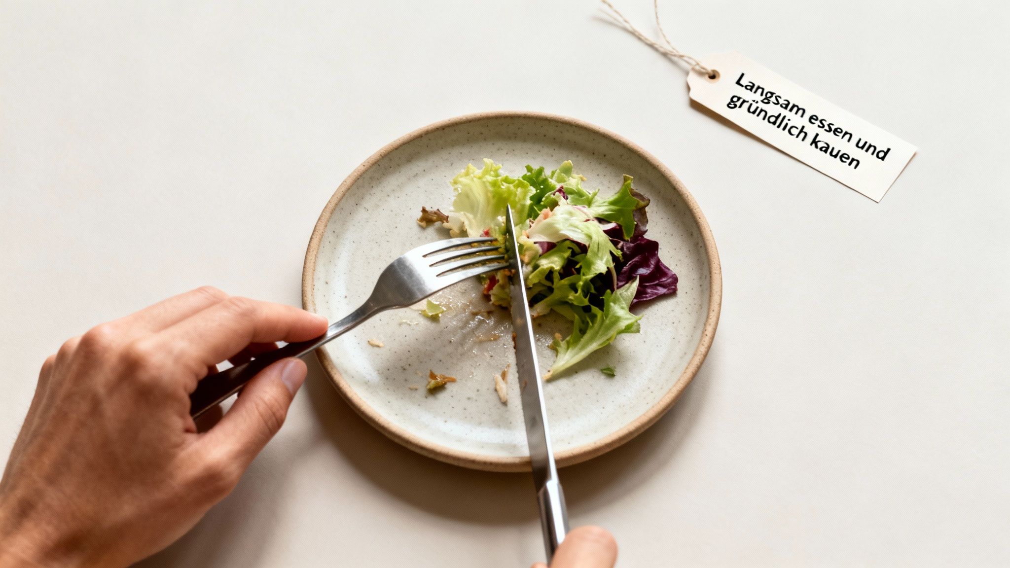 Eine Person schneidet einen Salat auf einem Teller. Daneben hängt ein Etikett mit dem Spruch "Langsam essen und gründlich kauen".