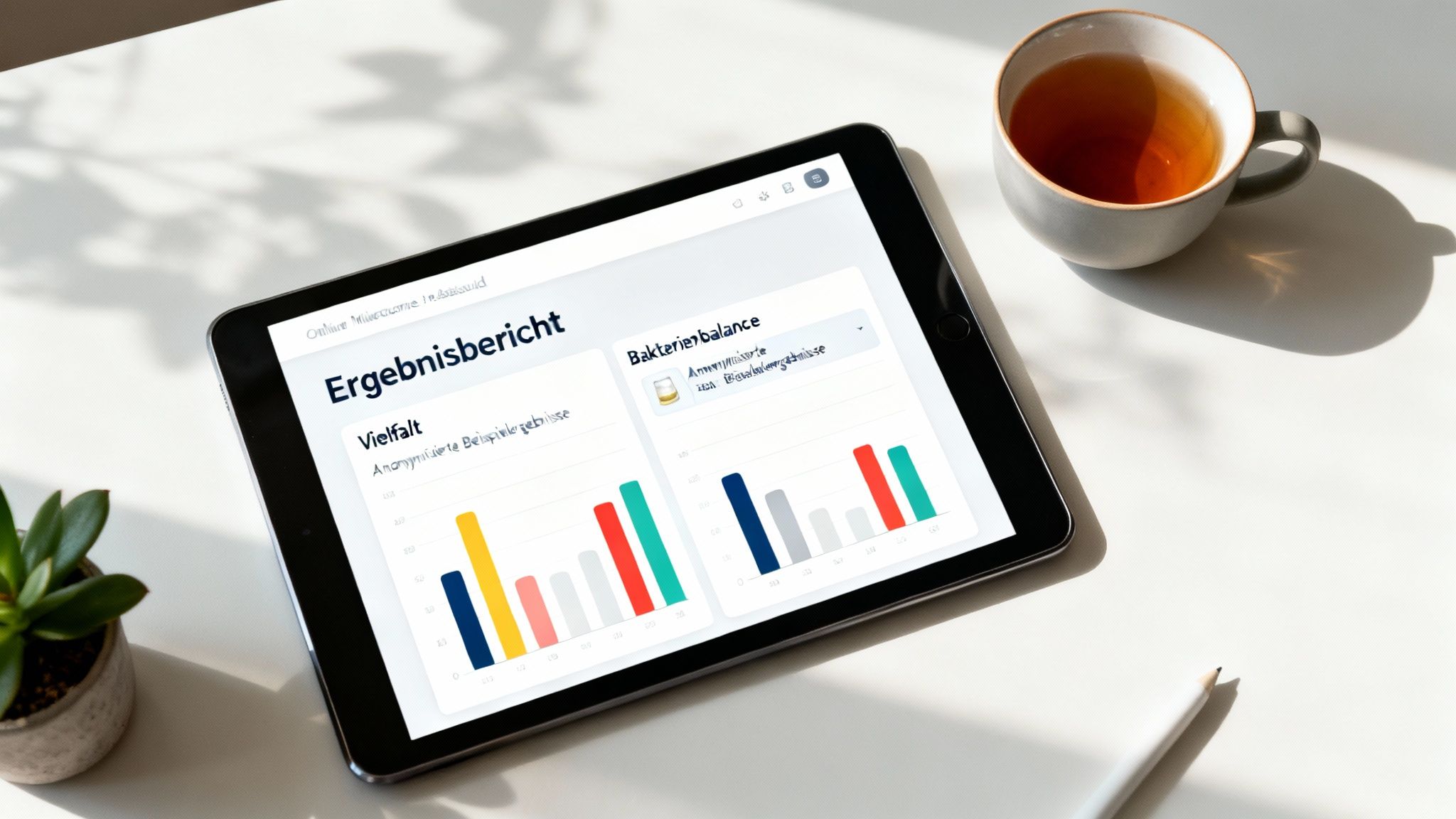 Tablet zeigt einen Mikrobiom-Ergebnisbericht mit Grafiken zur Vielfalt und Bakterienbalance, neben Tee und Pflanze.