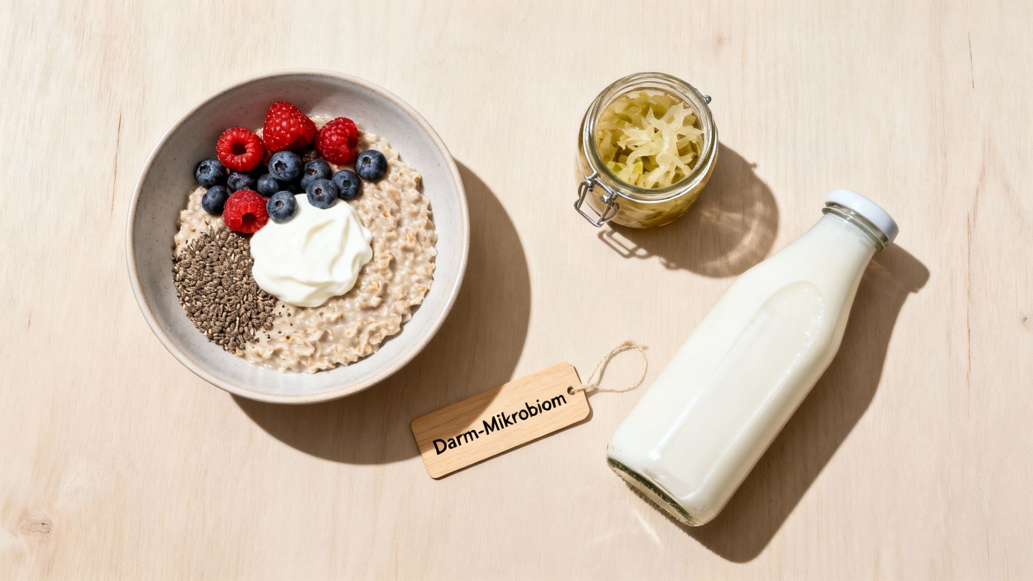 Gesundes Frühstück mit Haferflocken, Beeren, Joghurt und Chiasamen, dazu Sauerkraut und Milch, symbolisiert gesunde Darm-Mikrobiom.
