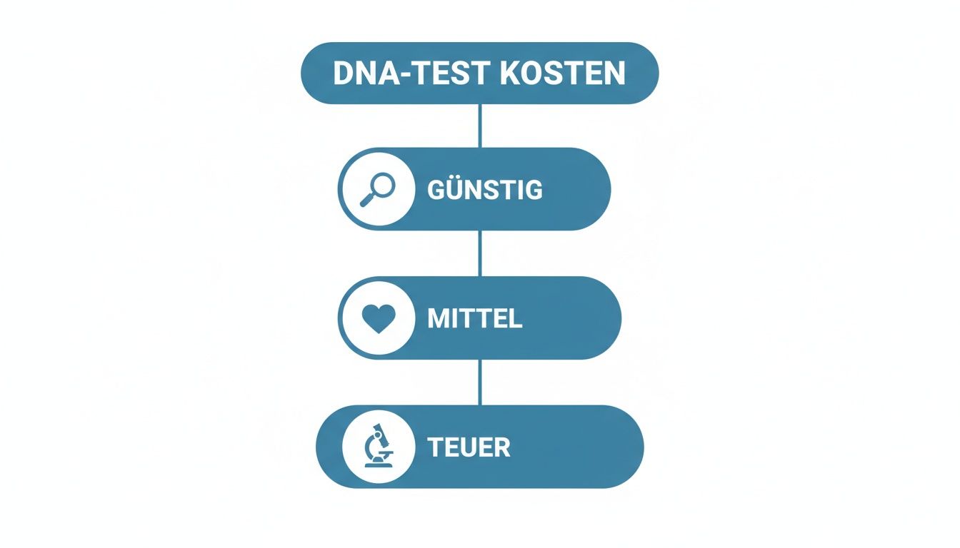 Infografik: DNA-Test Kostenübersicht mit Kategorien Günstig, Mittel und Teuer und entsprechenden Symbolen.