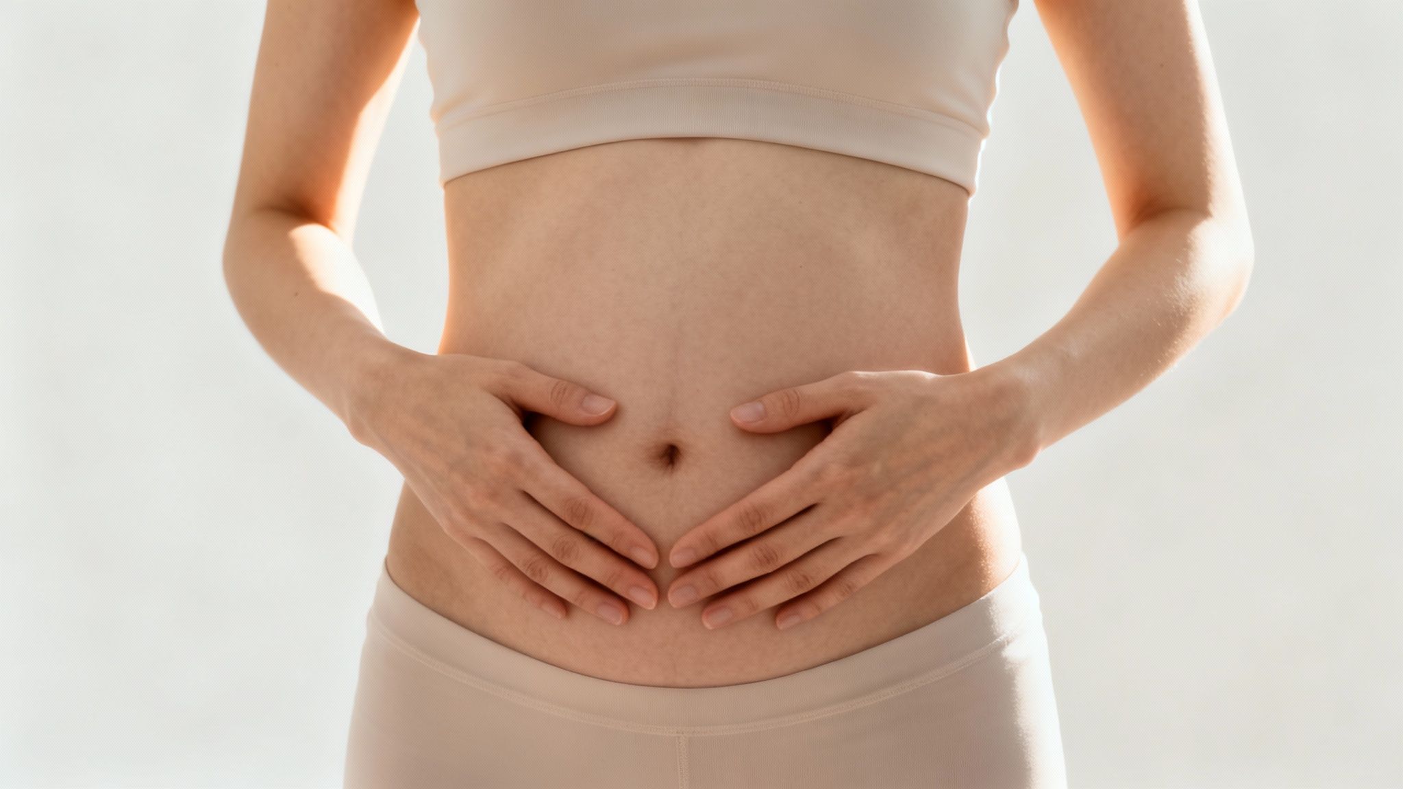 Eine Person hält die Hände sanft über ihren Bauch, bildet eine Herzform, in heller Unterwäsche.