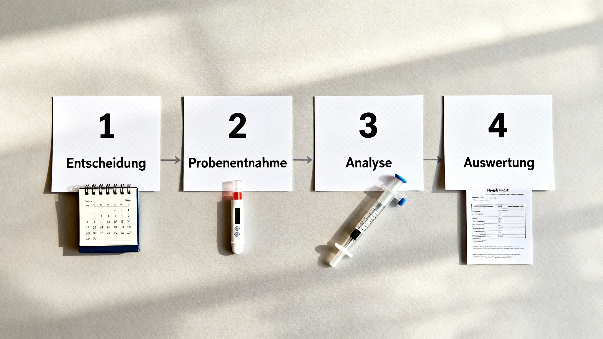 Vier-Schritte-Prozess: Entscheidung, Probenentnahme, Analyse und Auswertung, dargestellt mit relevanten Gegenständen.