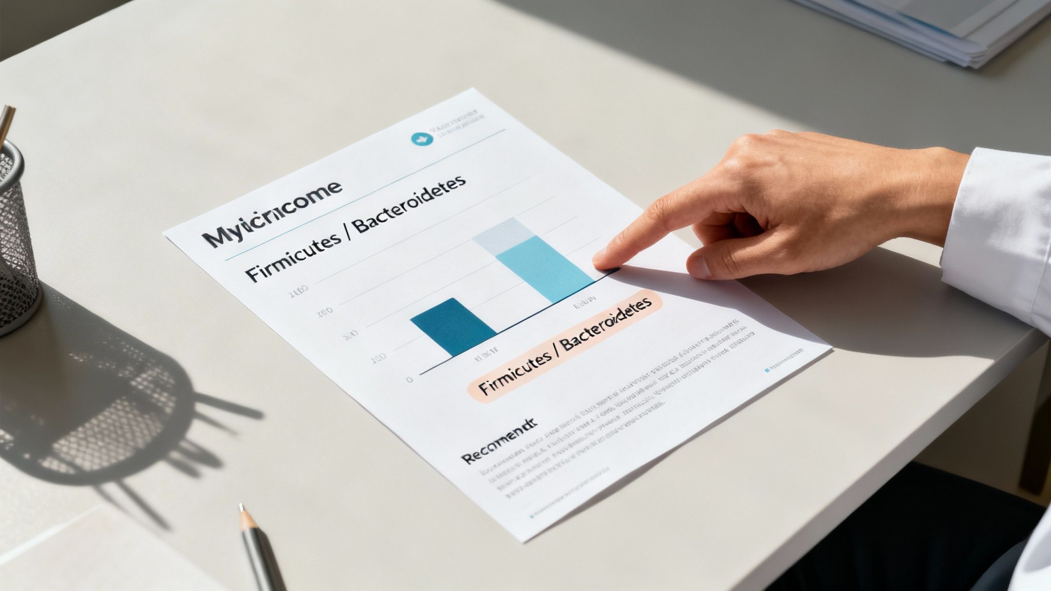 Eine Hand zeigt auf einen Darm-Mikrobiom-Testbericht mit einem Balkendiagramm zu Firmicutes und Bacteroidetes.