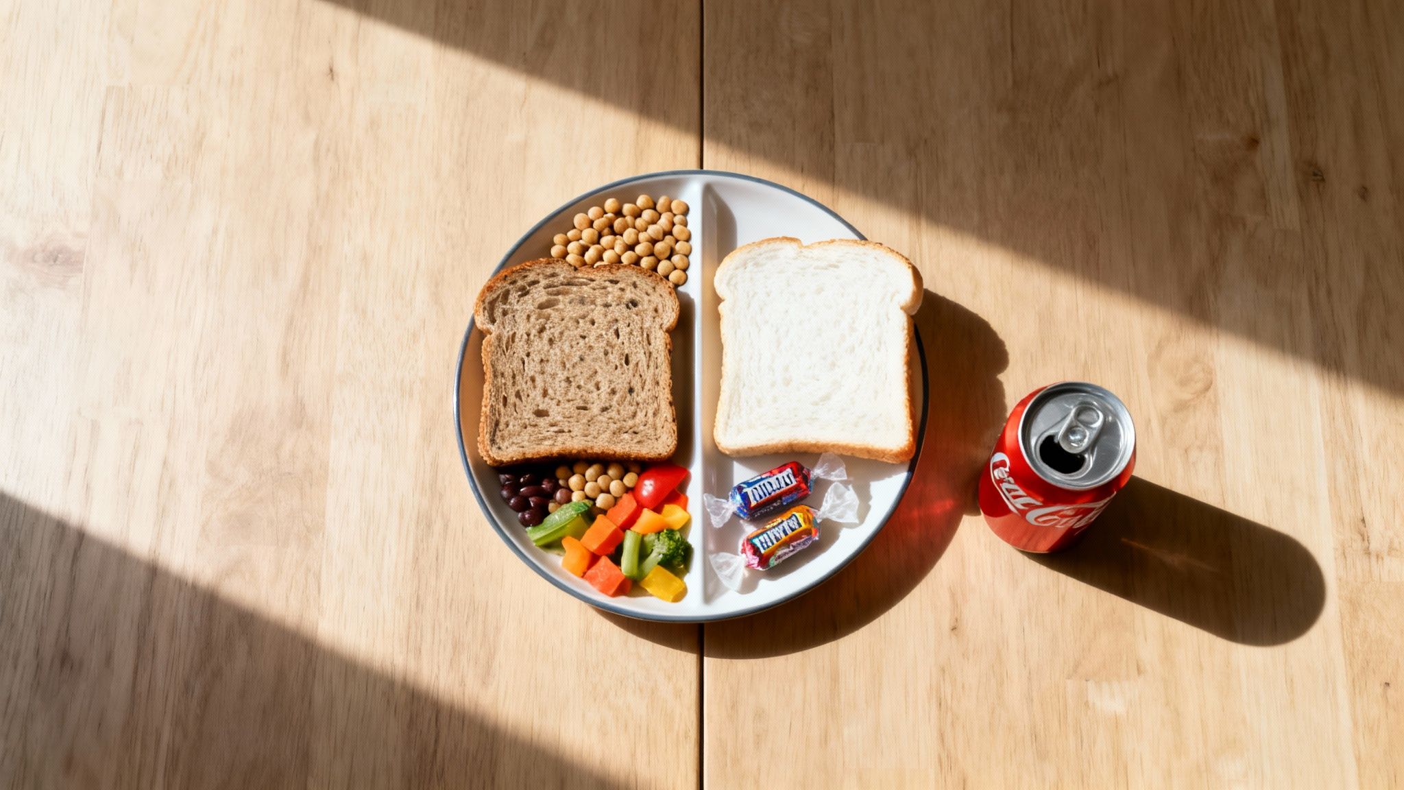 Ein geteilter Teller zeigt Vollkornbrot, Hülsenfrüchte und Gemüse auf einer Seite, Weißbrot, Süßigkeiten und eine Cola auf der anderen.