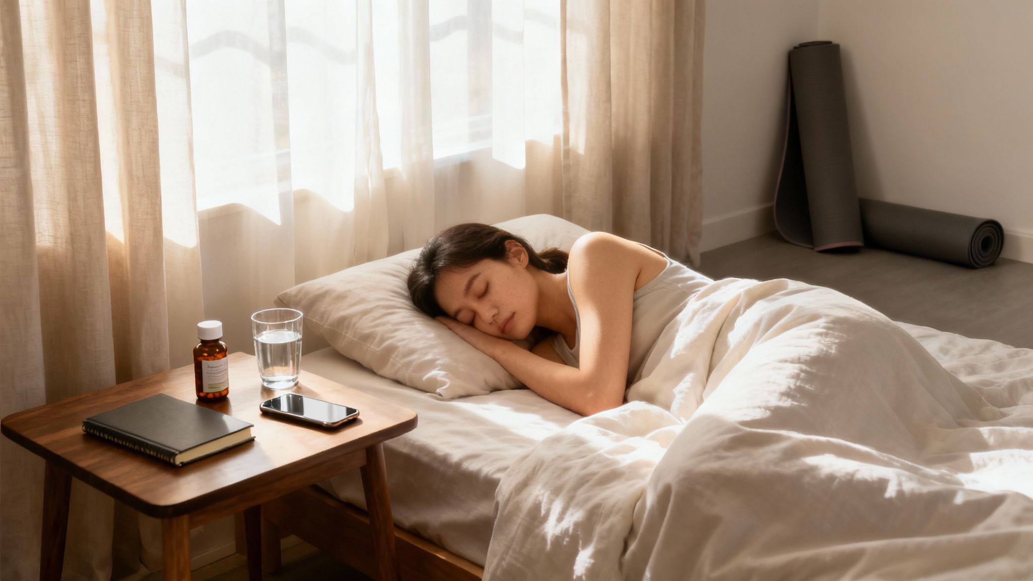 Frau schläft friedlich im Bett am Morgen mit Medikamenten und Wasser auf dem Nachttisch