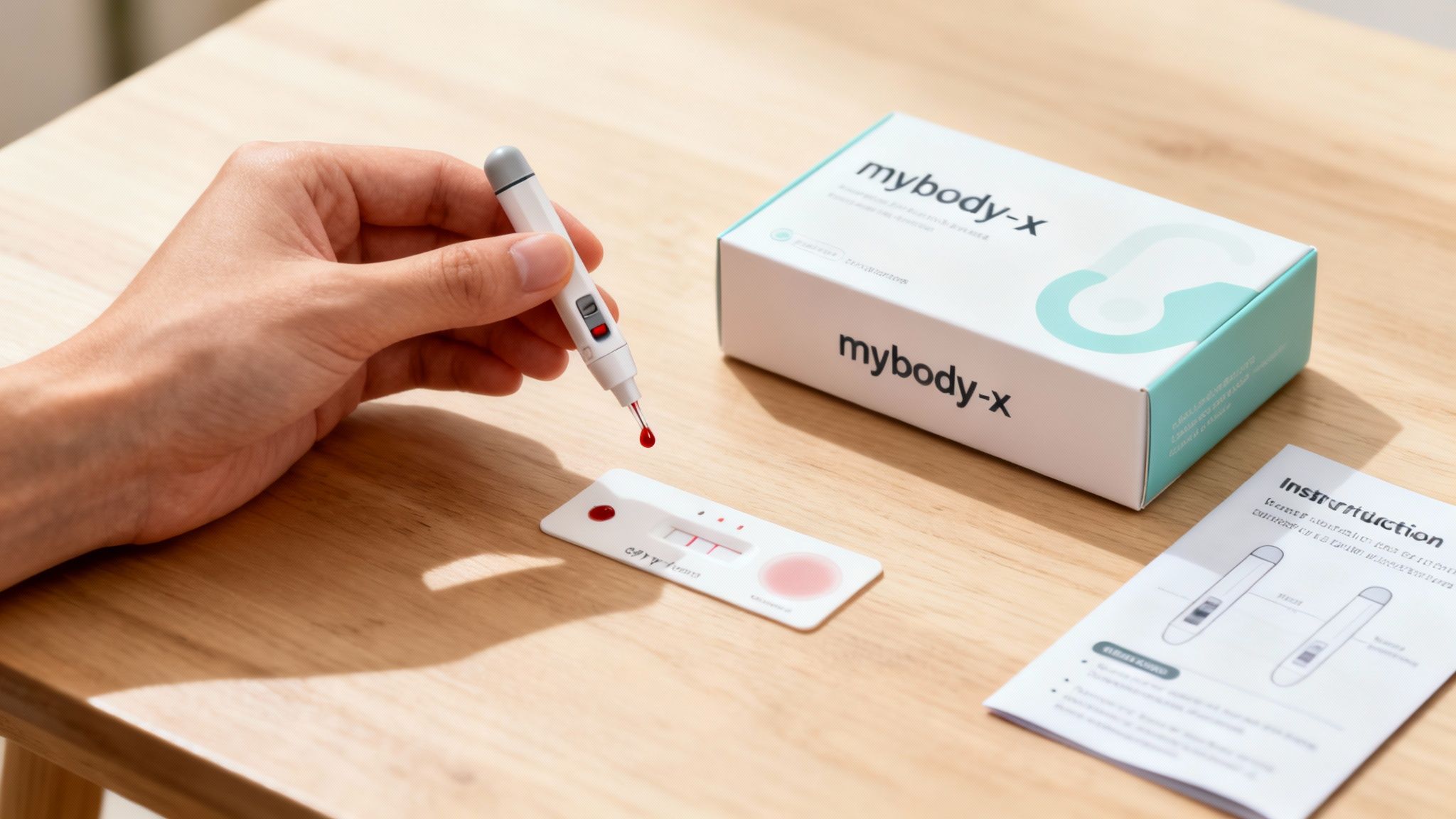 Eine Hand bereitet einen Heimtest vor, indem sie einen Blutstropfen auf ein Testkit tropft. Daneben liegt die mybody-x Box und Anleitung.