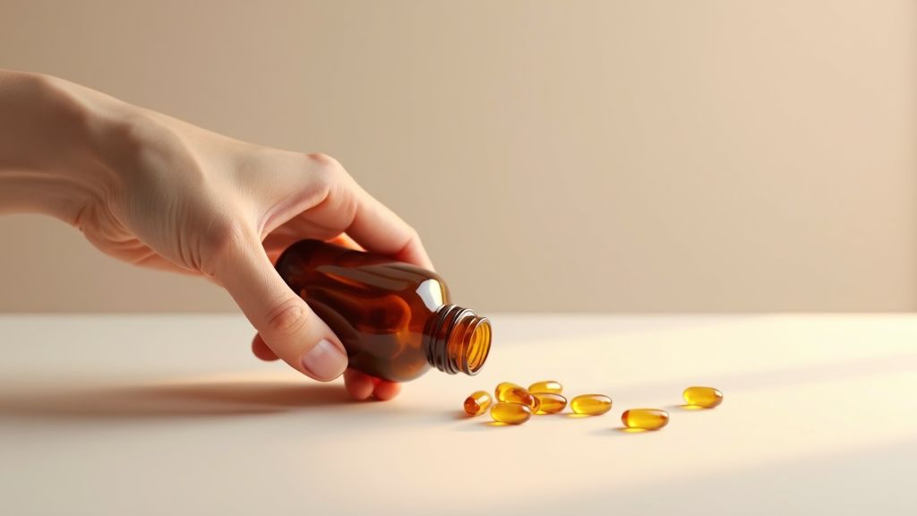 Eine Person hält eine Kapsel eines oralen Vitamin B12 Supplements in der Hand, um einen Mangel zu behandeln.