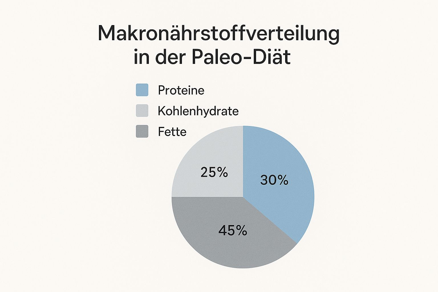 Infografik, die die Makronährstoffverteilung der Paleo-Diät zeigt: 45% Fette, 30% Proteine und 25% Kohlenhydrate.