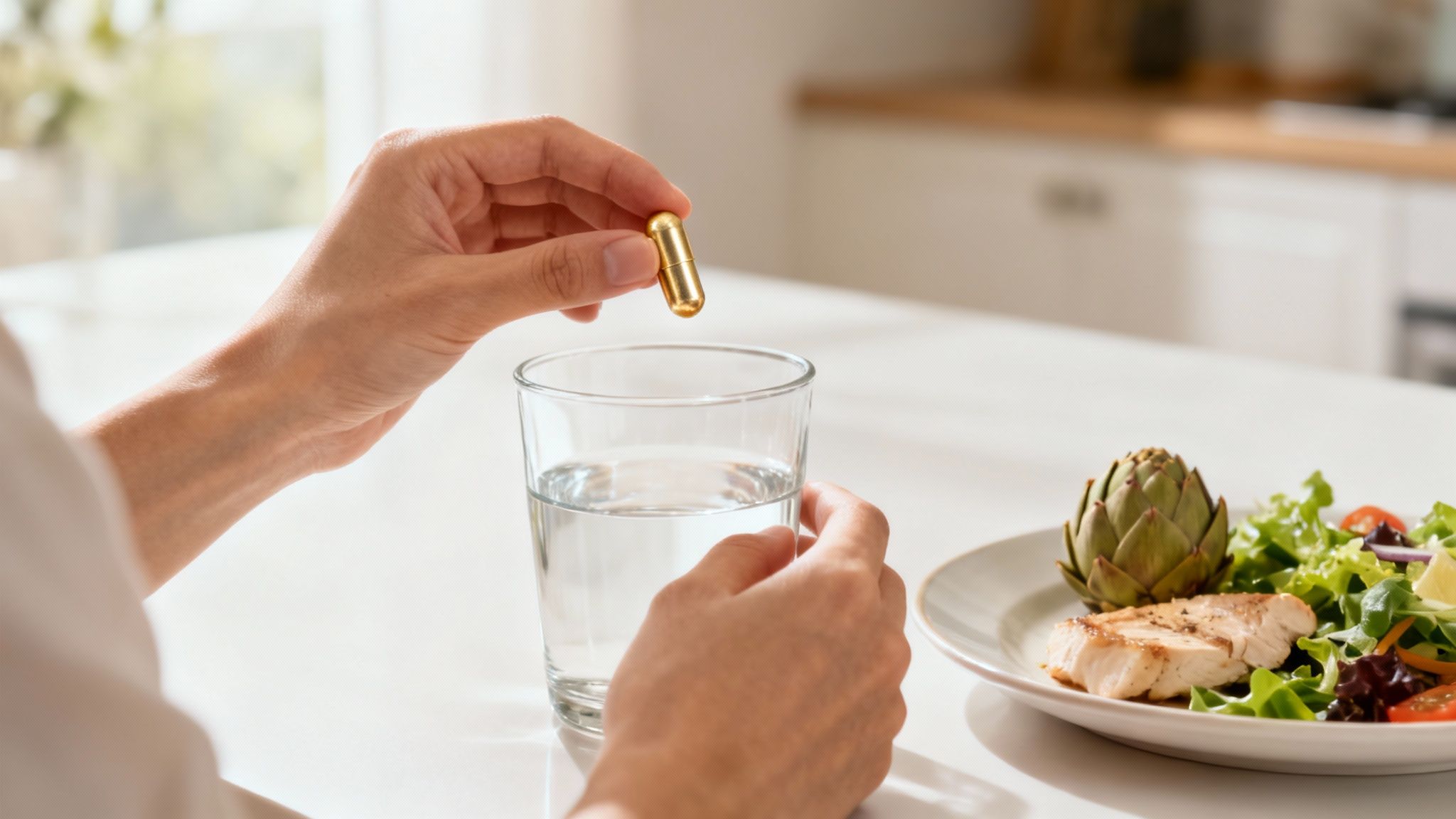 Eine Frau hält eine Kapsel in der Hand, bereit zur Einnahme mit einem Glas Wasser.