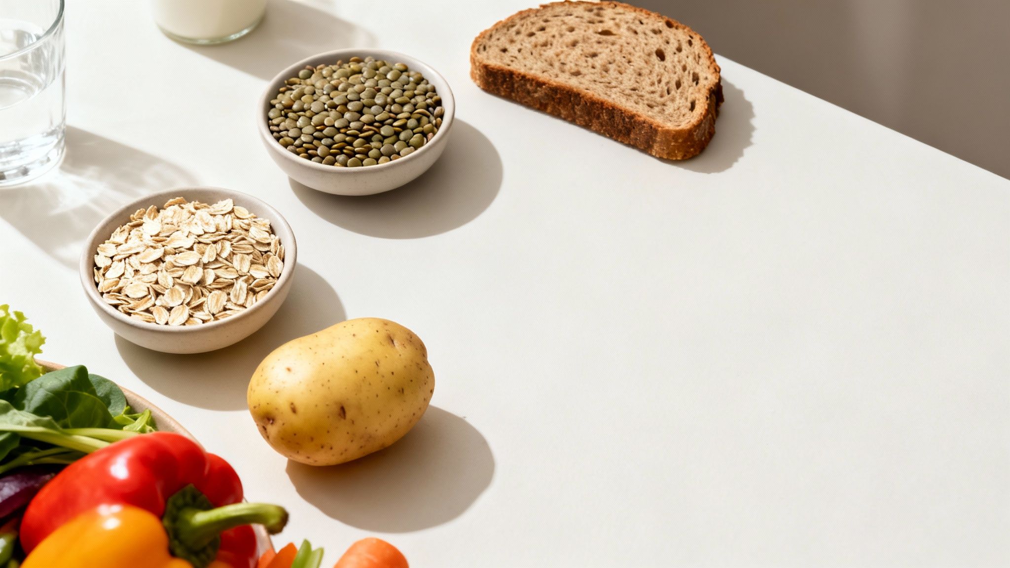 Een schikking van koolhydraatrijke voedingsmiddelen zoals havermout, linzen, brood, aardappel en verse groenten op een lichte tafel.