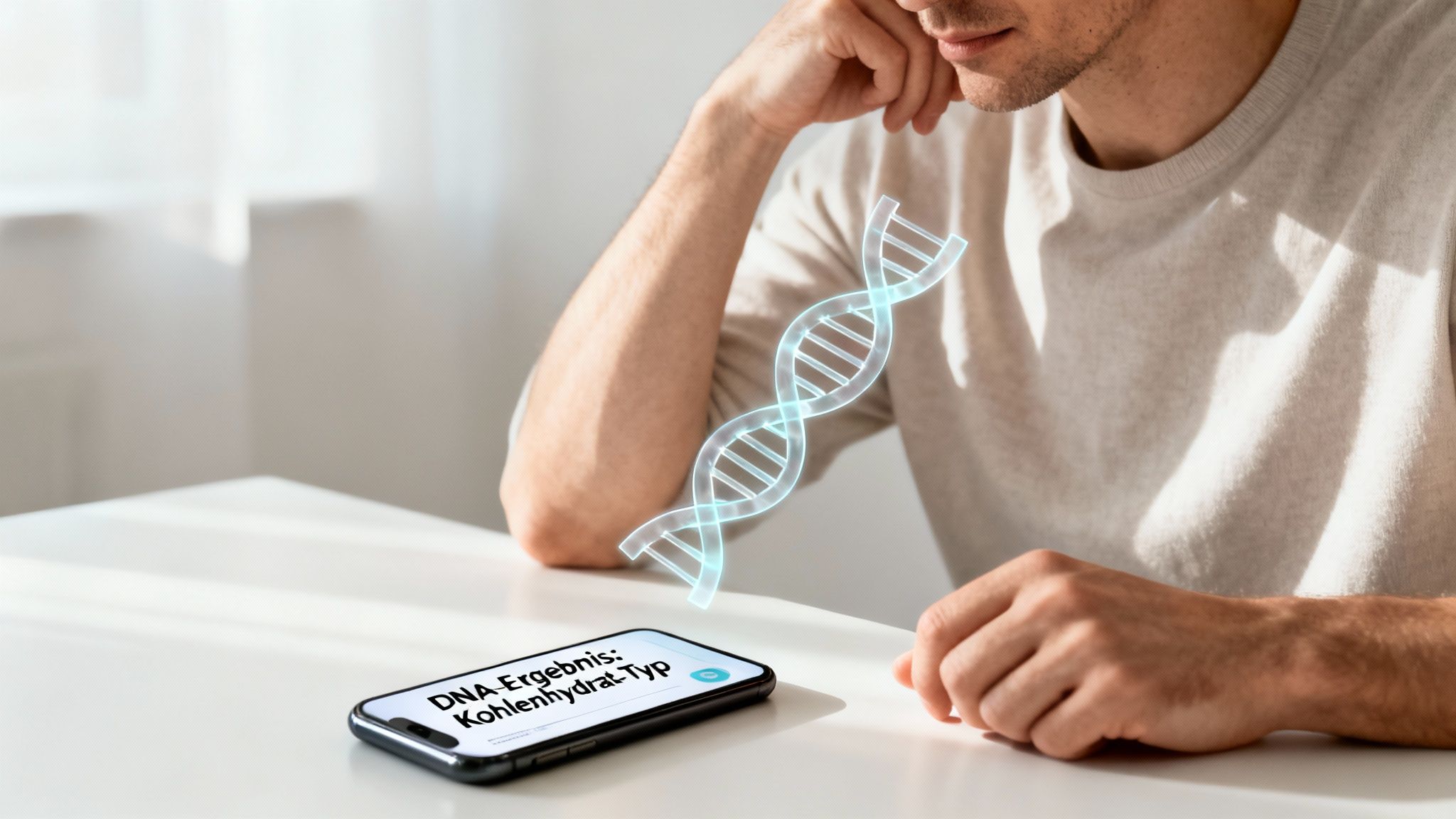 Mann schaut auf Smartphone mit DNA-Ergebnis zum Kohlenhydrat-Typ und einer holographischen DNA-Helix.