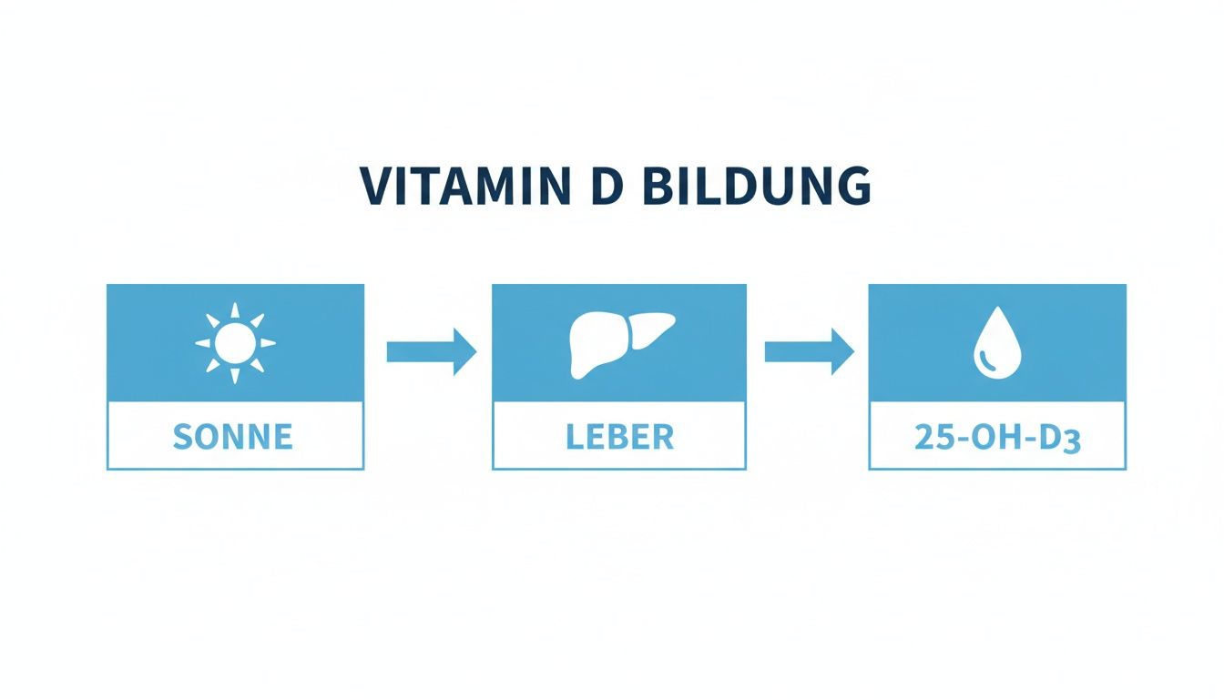 Flussdiagramm zur Vitamin D Bildung, illustrierend den Weg von Sonnenlicht über die Leber zu 25-OH-D3.