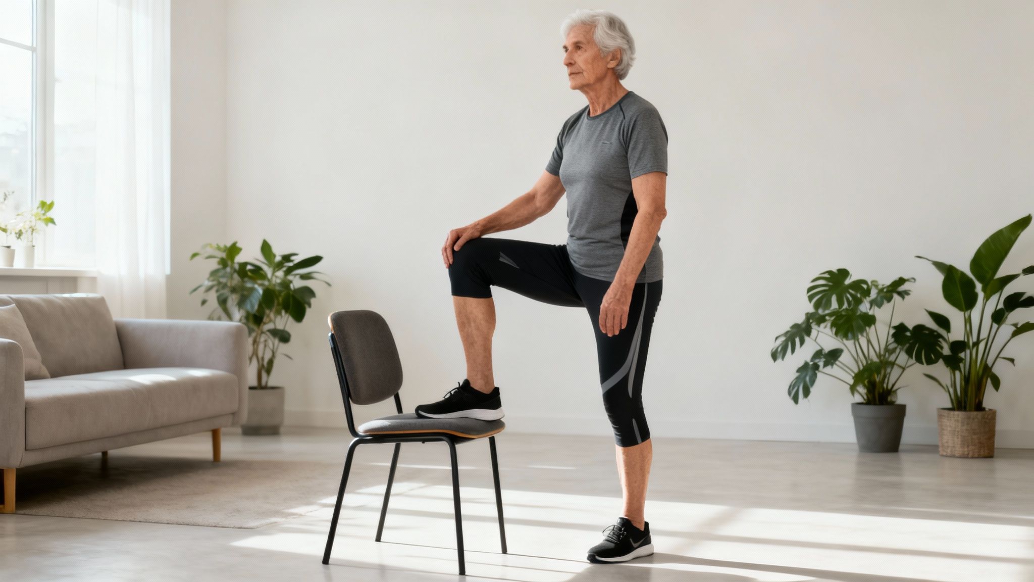 Eine fitte Person mittleren Alters macht draußen Yoga und symbolisiert Vitalität und Gleichgewicht.