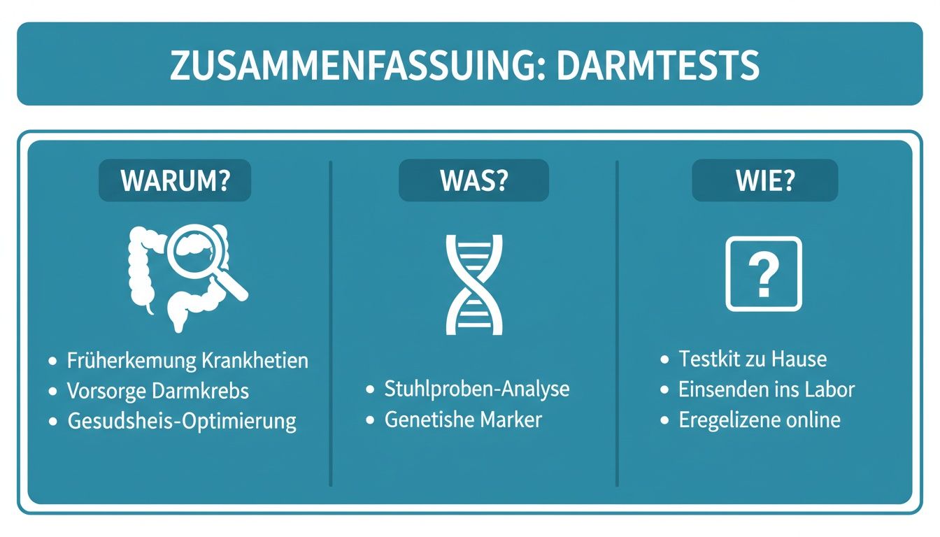 Zusammenfassung der Darmtests: Gründe (Früherkennung, Vorsorge), Methoden (Stuhlproben, Genetik) und Ablauf (Heimkit, Labor, Online-Ergebnisse).