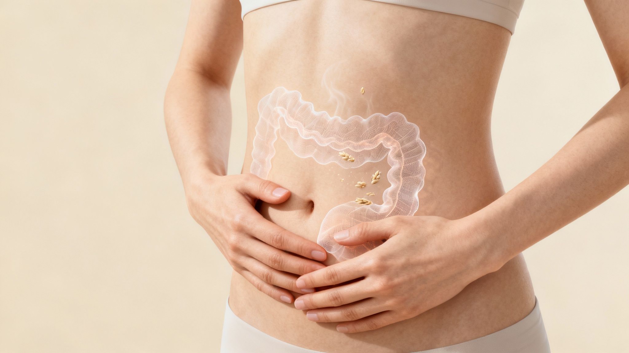 Eine Frau hält eine Scheibe glutenfreies Brot in der Hand und schaut nachdenklich.