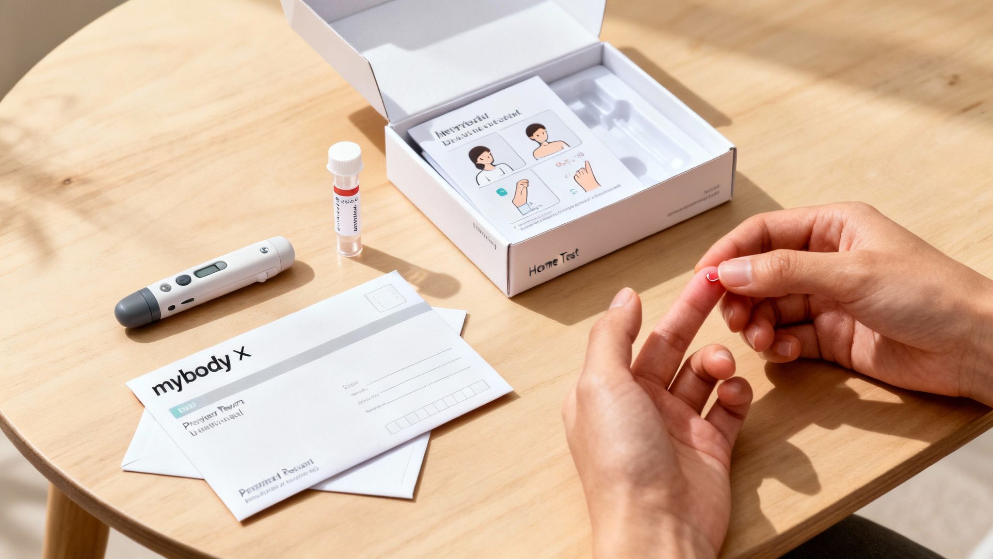 Person entnimmt eine Blutprobe für einen mybody X Heimtest auf einem Holztisch mit Testkit.