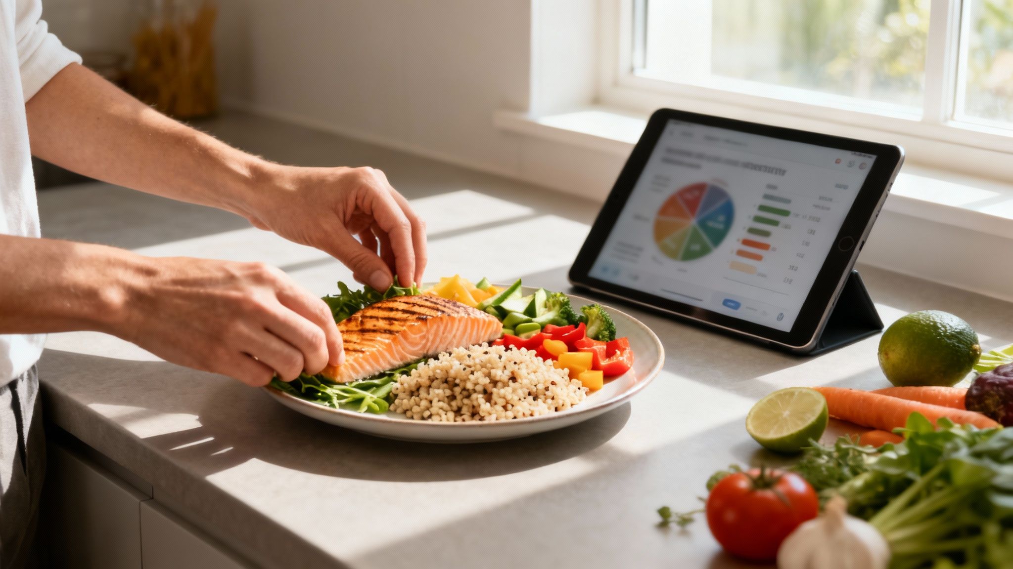 A person arranges plates of grilled salmon, quinoa, and fresh vegetables. In the background is a tablet displaying nutritional information.