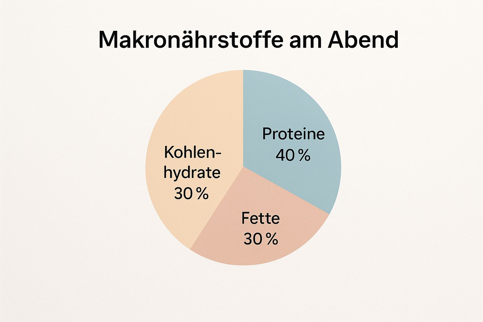 Infografik zeigt ein Kreisdiagramm mit der Aufteilung der Makronährstoffe am Abend: 40 % Proteine, 30 % Kohlenhydrate, 30 % Fette