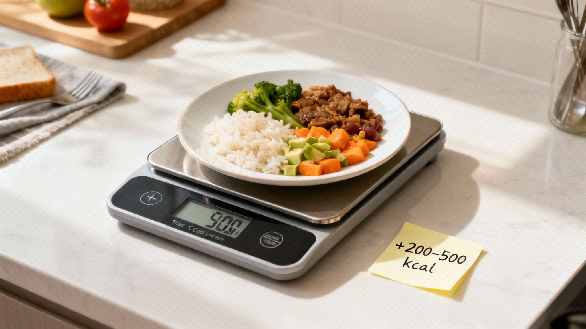Mahlzeit mit Reis, Fleisch, Brokkoli und Gemüse auf digitaler Küchenwaage mit Kalorienhinweis.