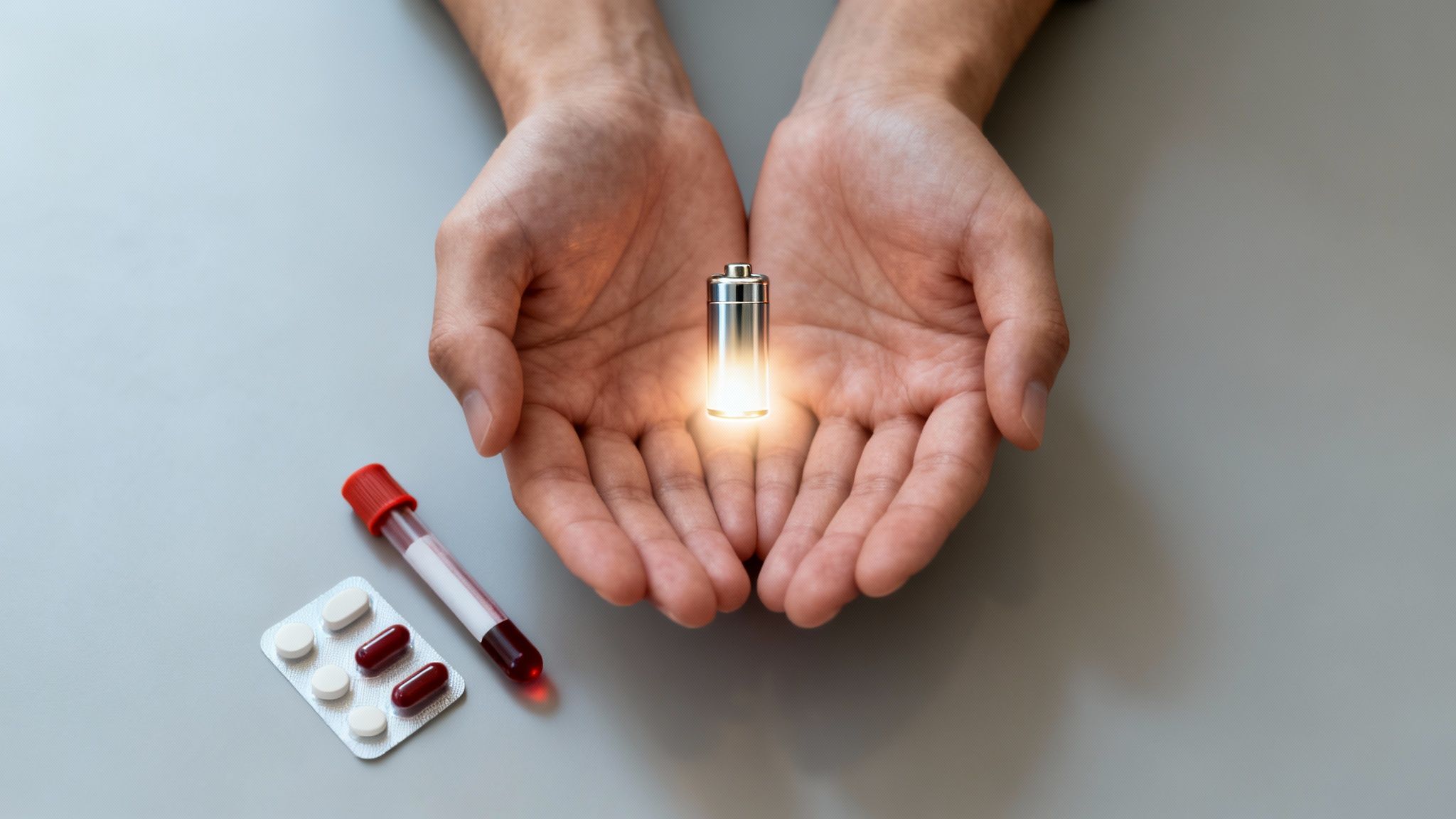 Hände halten eine leuchtende Batterie; daneben Blutröhrchen und Pillenpackung auf grauem Hintergrund, symbolisiert Energie und Gesundheit.