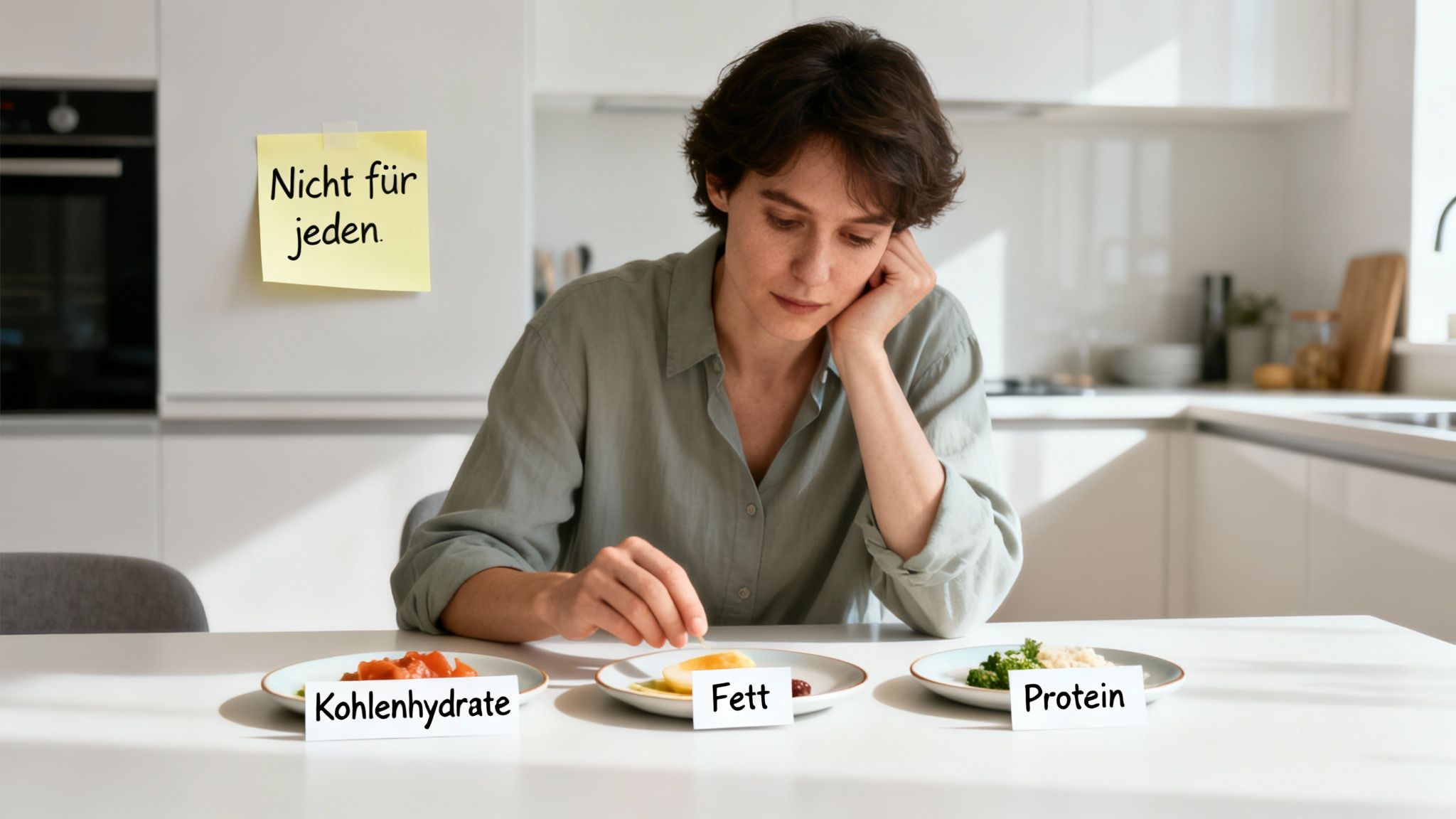 Eine Frau sitzt am Tisch in einer modernen Küche, blickt auf drei Teller mit Kohlenhydraten, Fett und Protein, und ein gelber Zettel sagt 'Nicht für jeden'.