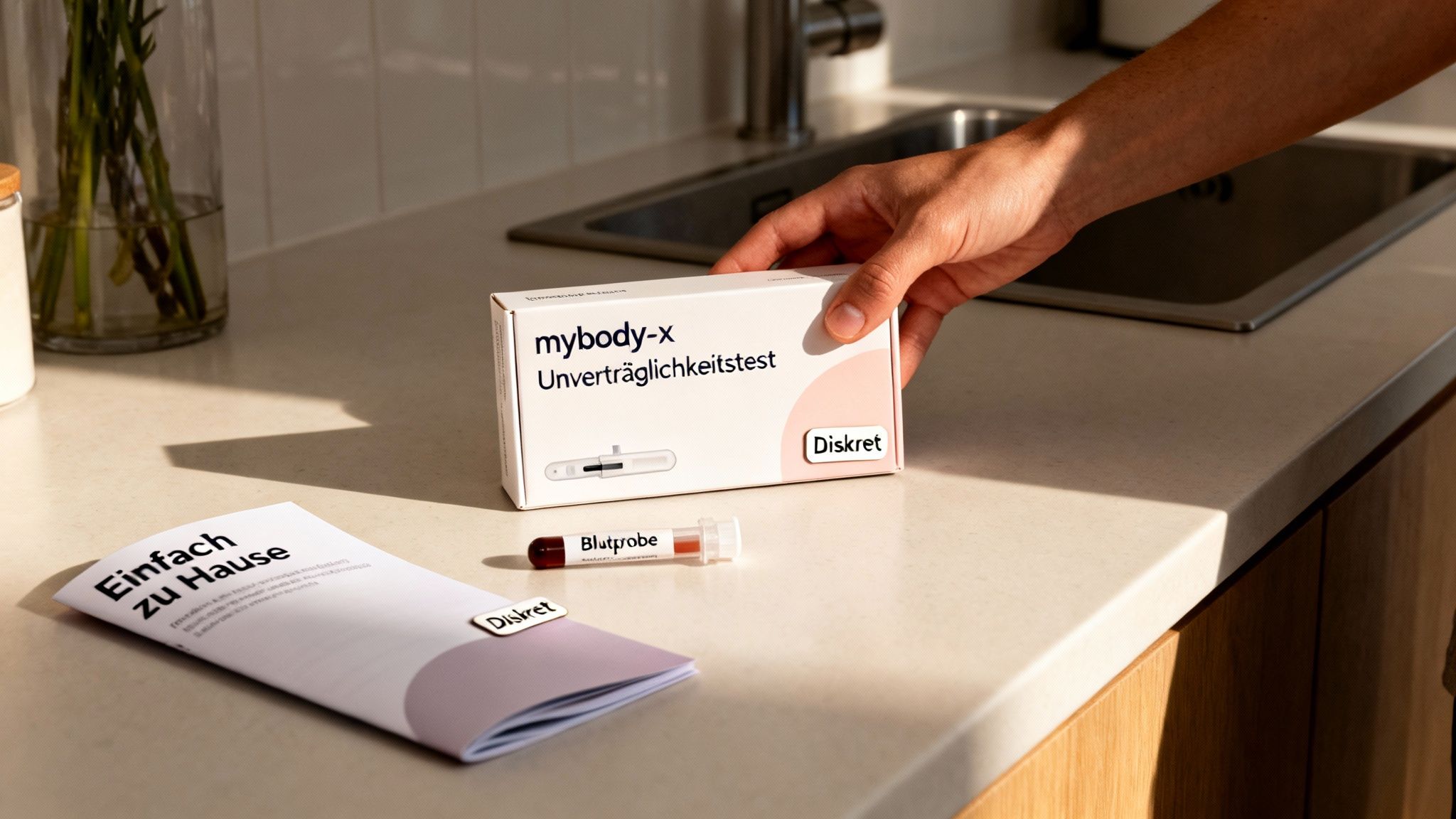 Eine Hand hält einen mybody-x Unverträglichkeitstest in der Küche, daneben ein Blutprobenröhrchen und Anleitungen.
