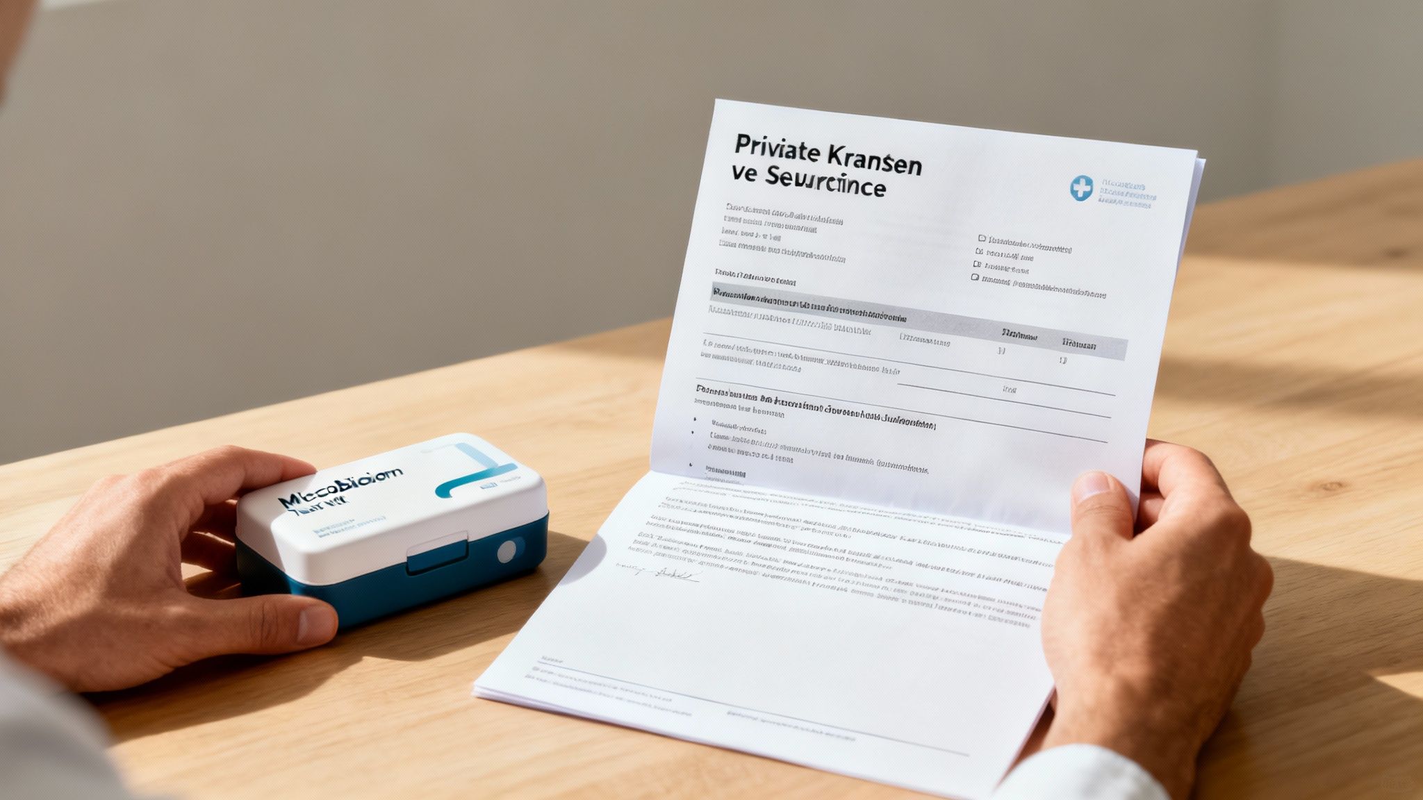 Eine Person prüft sorgfältig Versicherungsunterlagen am Schreibtisch