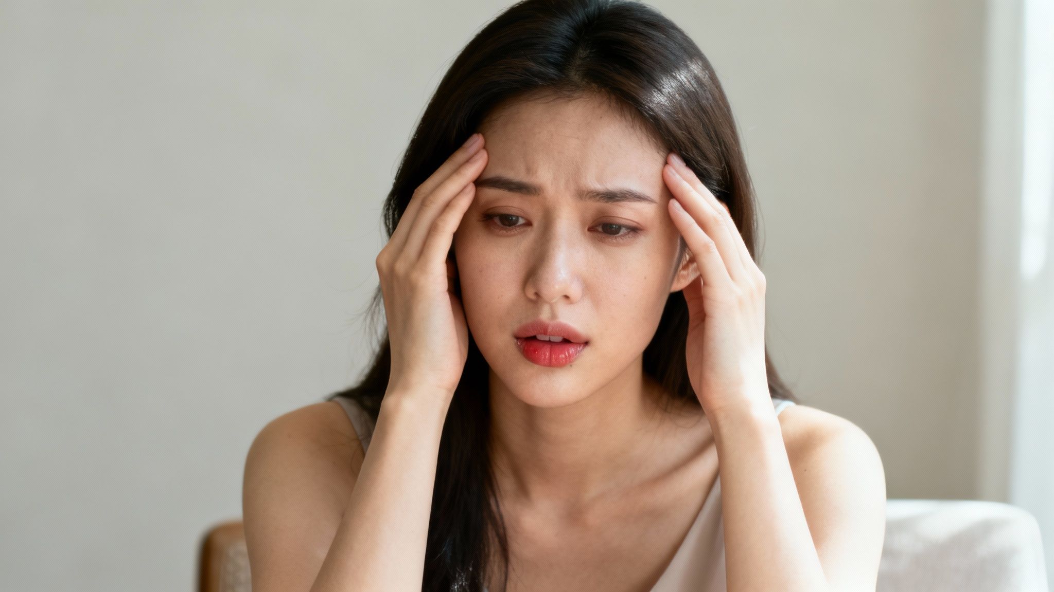 Eine Frau schaut nachdenklich und berührt sanft ihr Gesicht, was auf Unbehagen oder die Beobachtung von Hautproblemen hindeutet