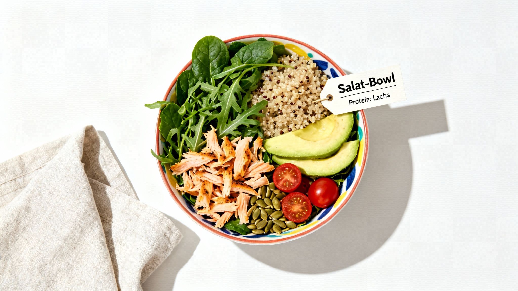 Bunte Salat-Bowl mit Lachs, Quinoa, Avocado, Tomaten und Samen auf weißem Hintergrund.