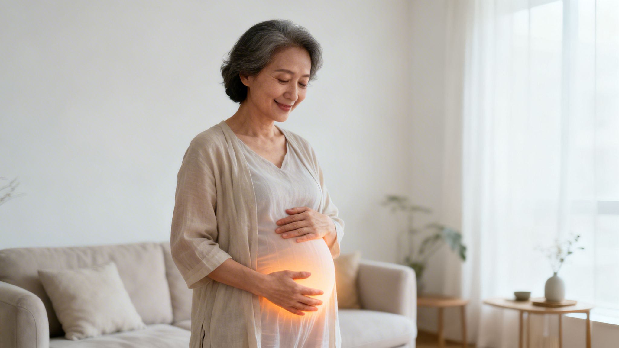Eine lächelnde ältere Frau mit leuchtendem Bauch hält ihre Hände darauf in einem hellen Raum.