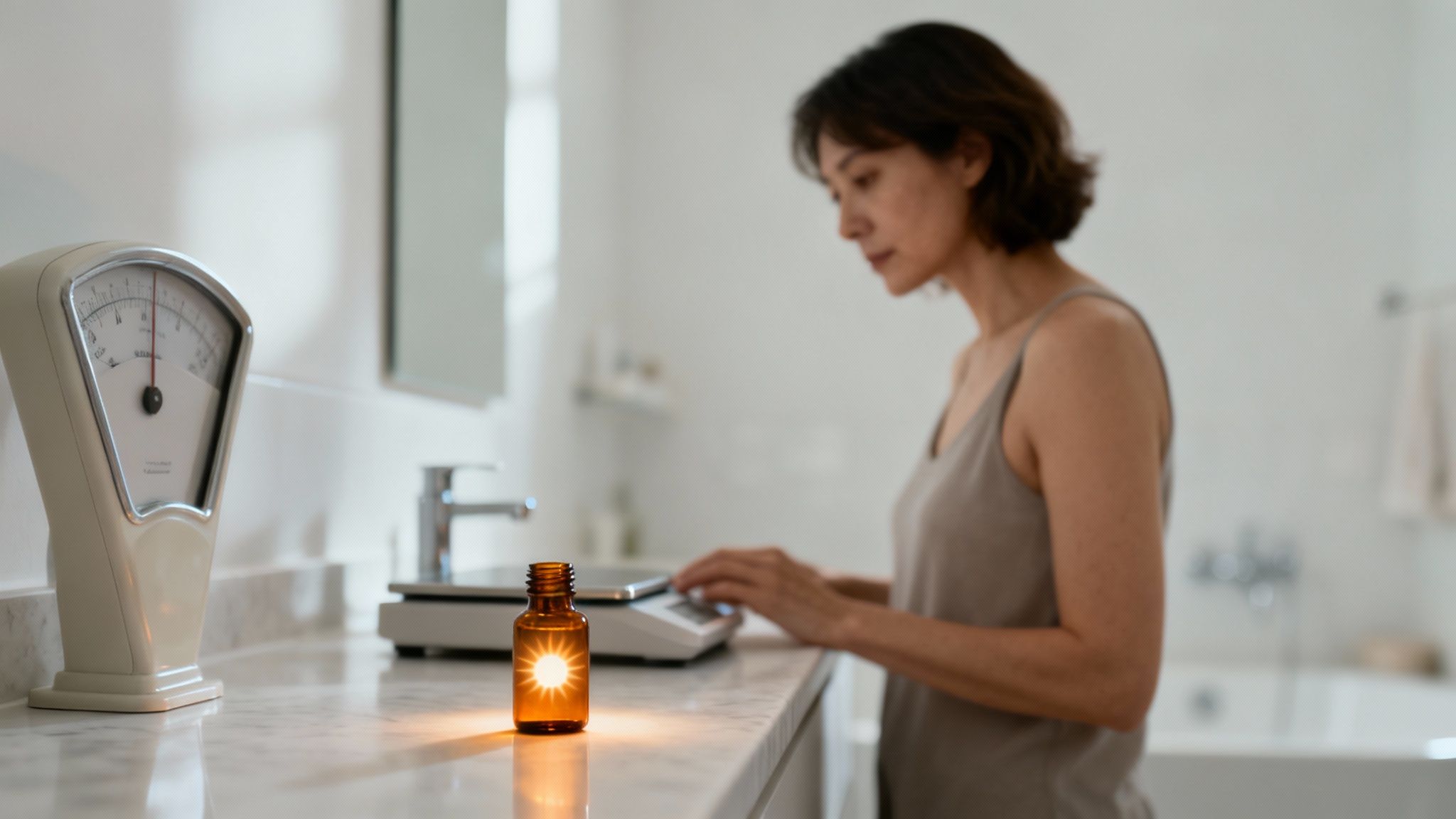 Frau misst in einem Badezimmer mit einer Waage, neben einem leuchtenden Vitamin-D-Flasche auf Marmor.