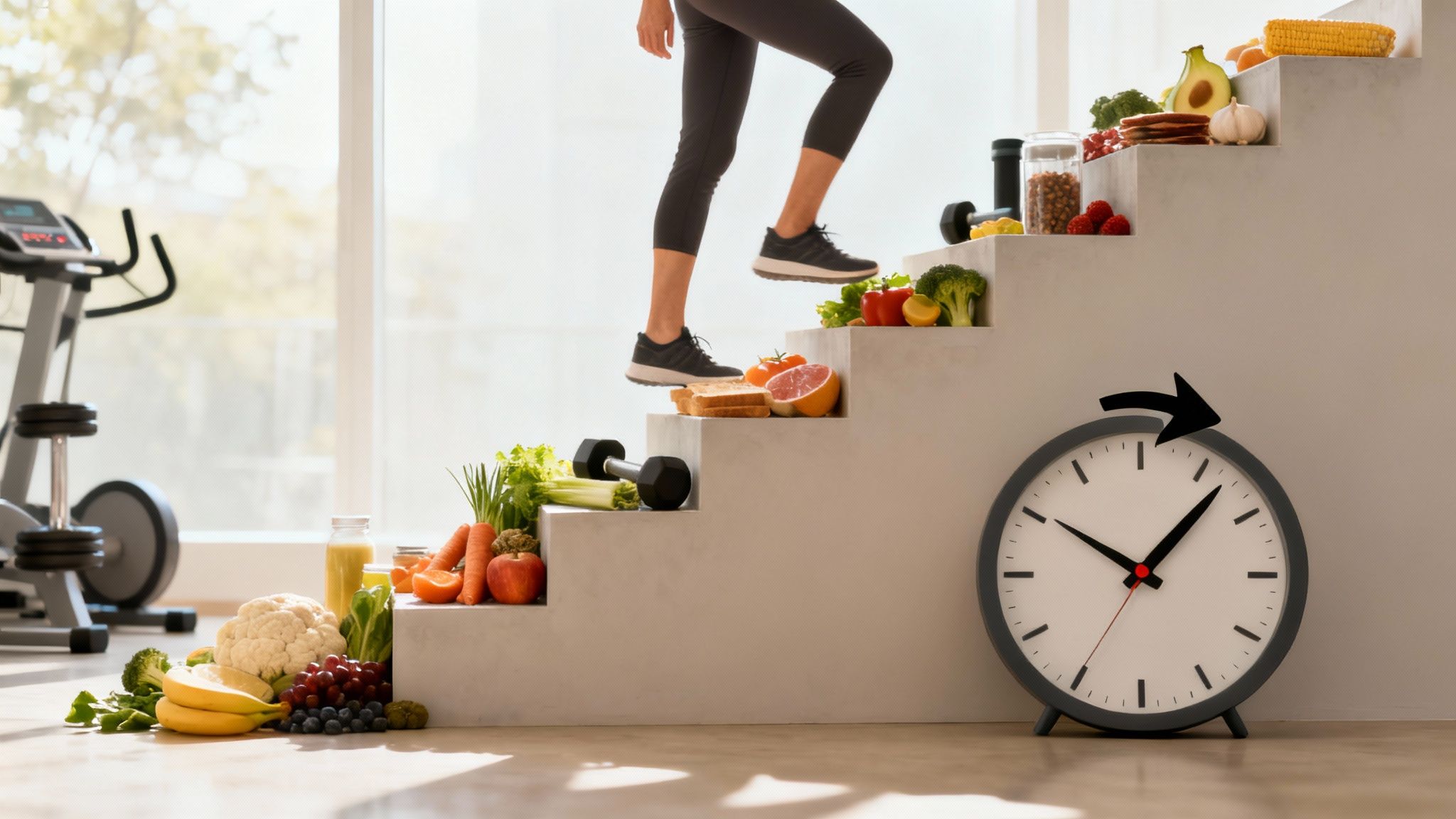 Eine Frau mittleren Alters praktiziert Yoga in einem hellen Raum, was Entspannung und Stressmanagement symbolisiert.
