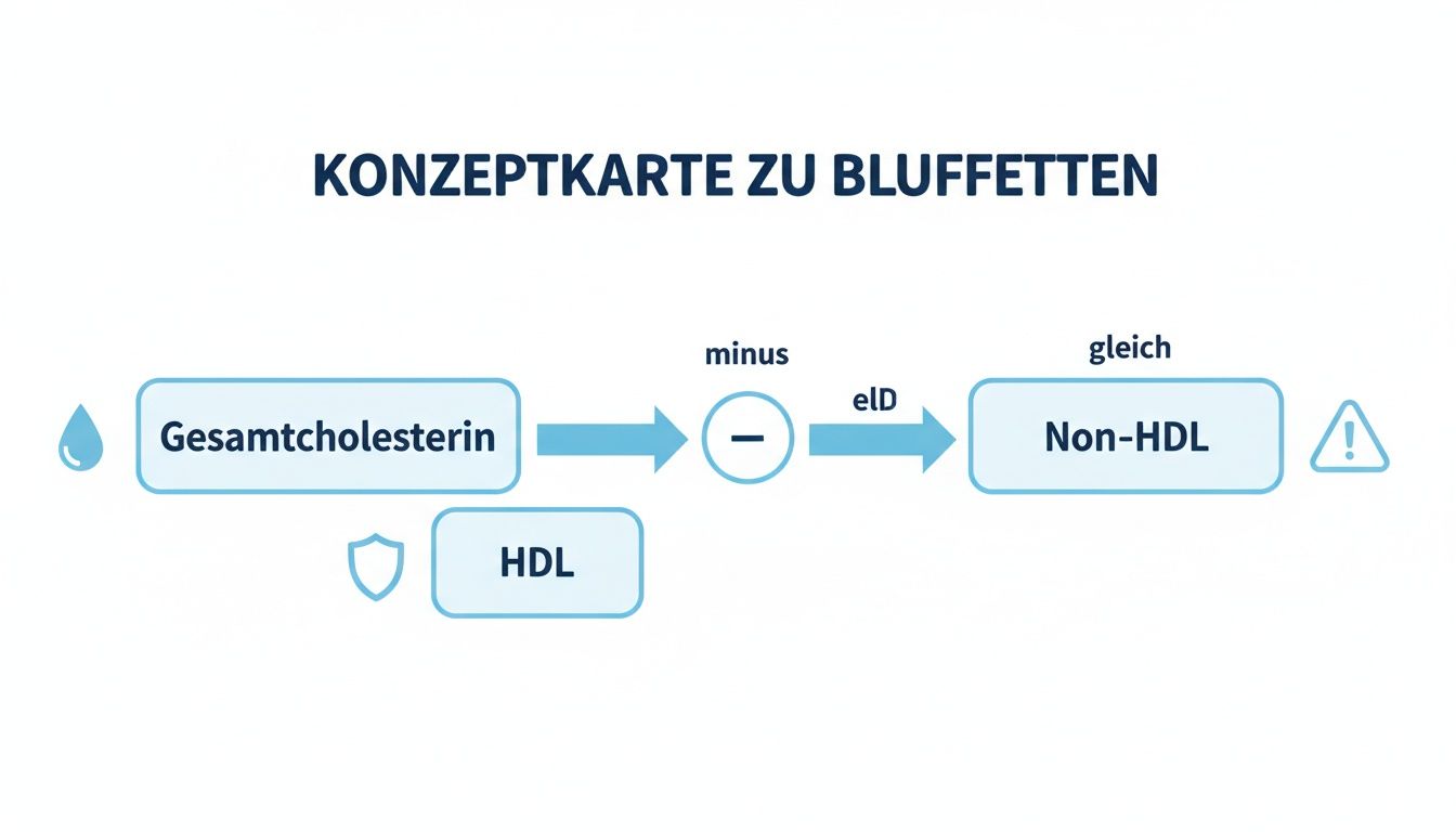 Konzeptkarte zur Berechnung von Non-HDL-Cholesterin: Gesamtcholesterin minus HDL ist Non-HDL.