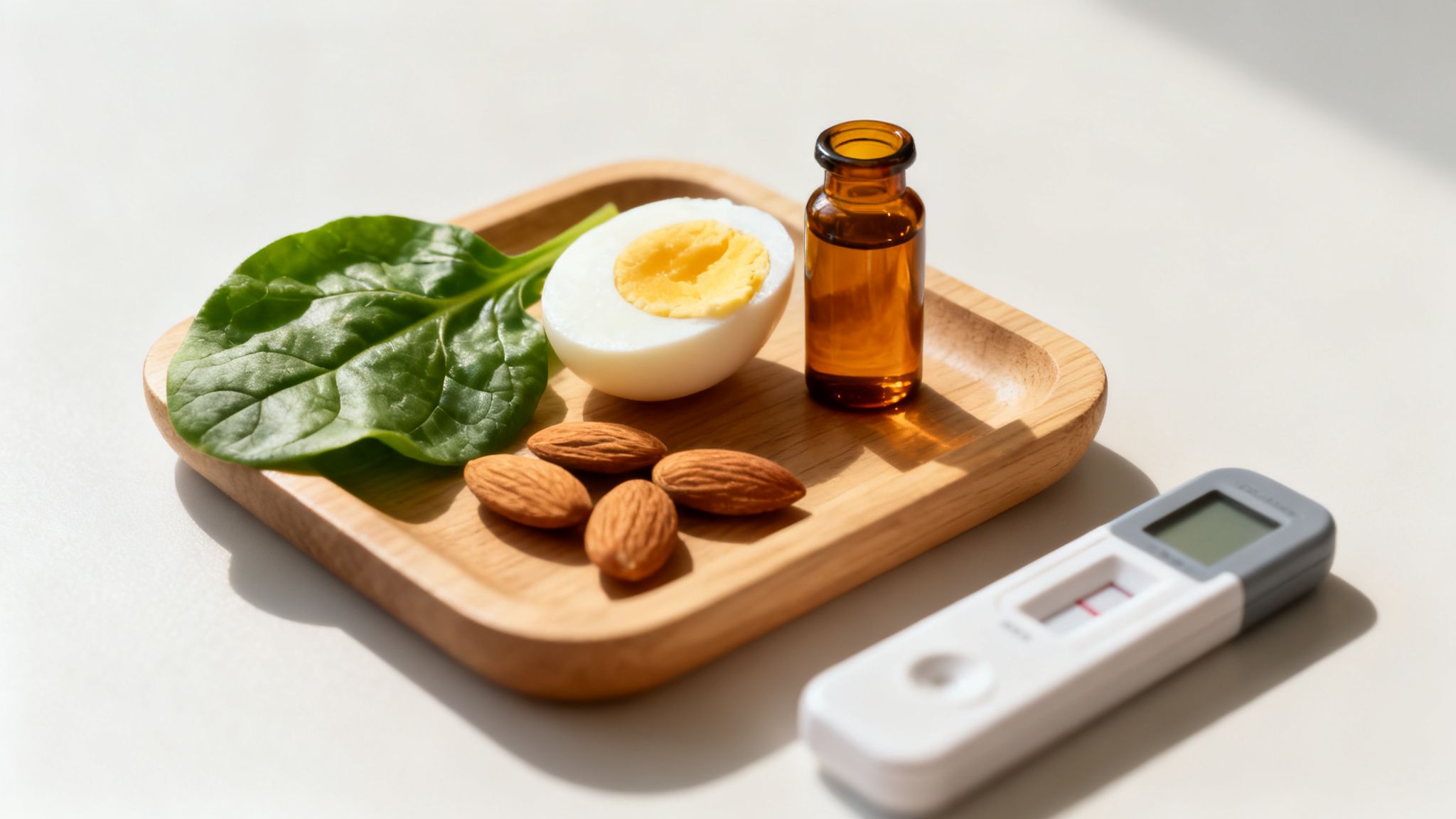 Healthy food items (spinach, egg, almonds) with oil bottles and a positive medical test strip on a wooden tray.