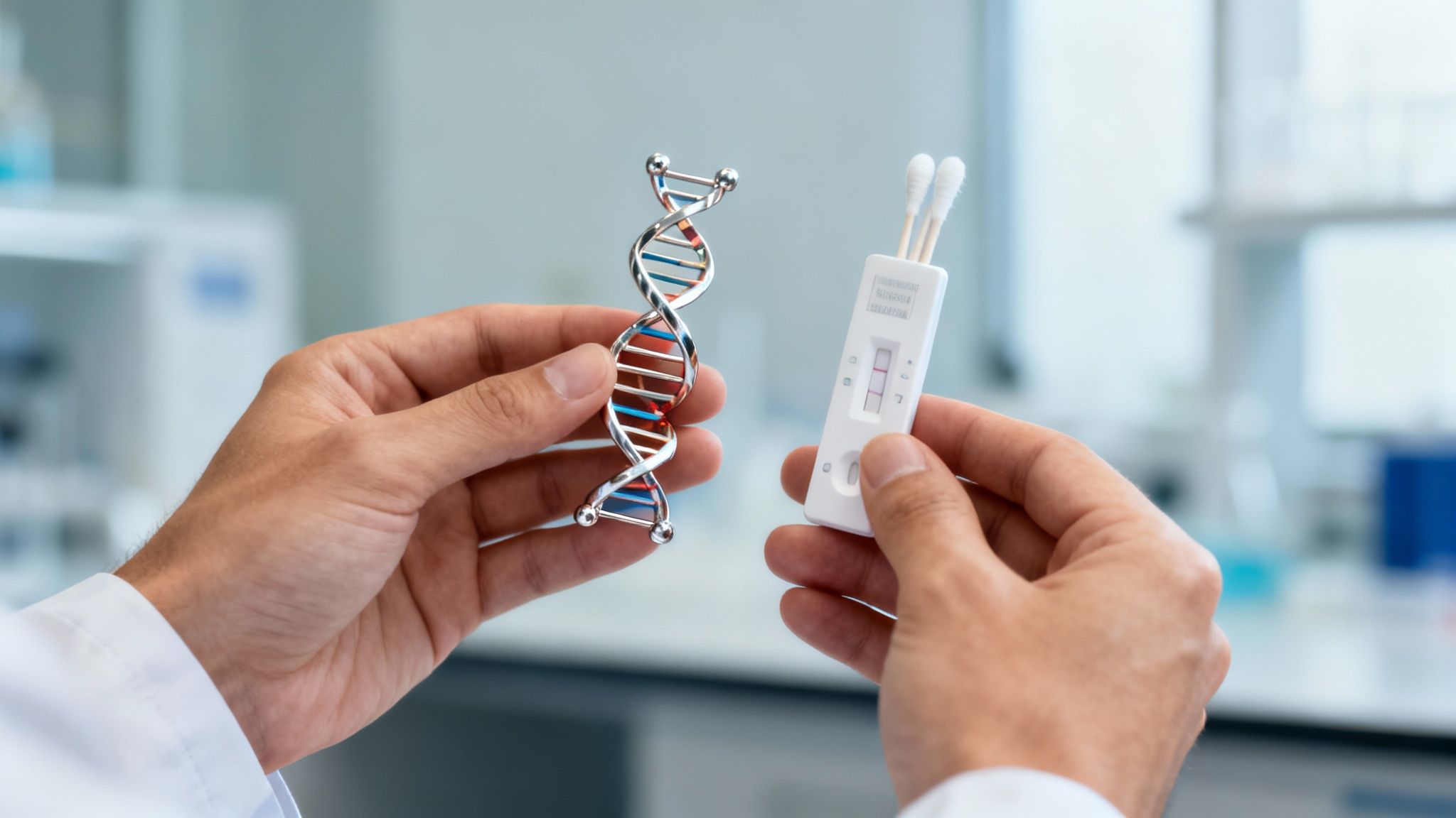 Hände halten ein DNA-Modell und einen positiven Antigen-Schnelltest in einem Labor.