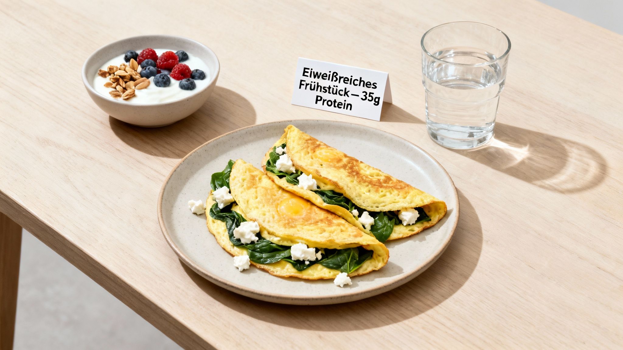 Eiweißreiches Frühstück mit Omeletts, Joghurt und Beeren, dazu ein Glas Wasser auf einem Holztisch.