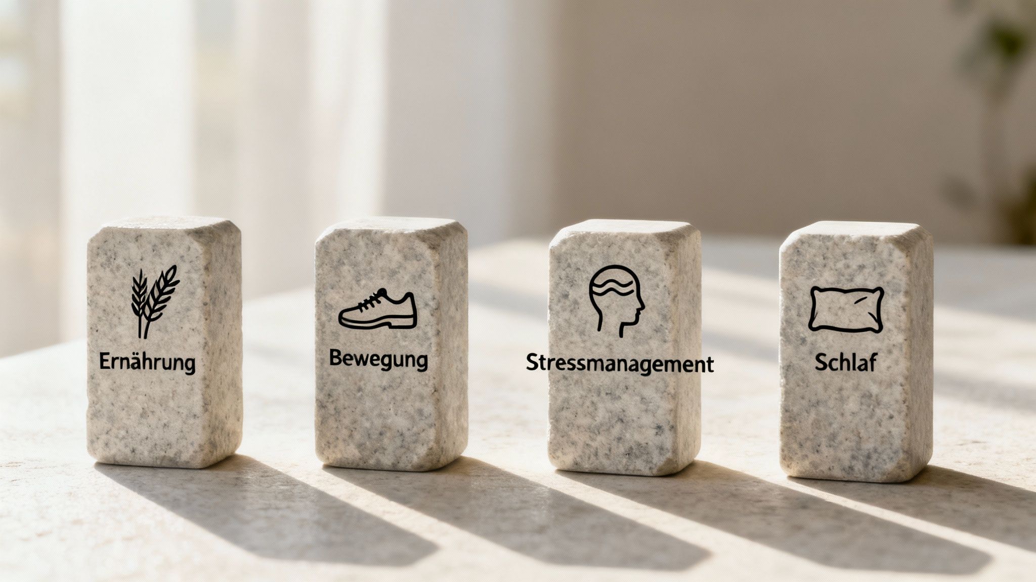 Vier Symbole in einer Reihe, die Ernährung, Bewegung, Stress und Schlaf darstellen und die ganzheitliche Natur der Blutzuckerregulation veranschaulichen.