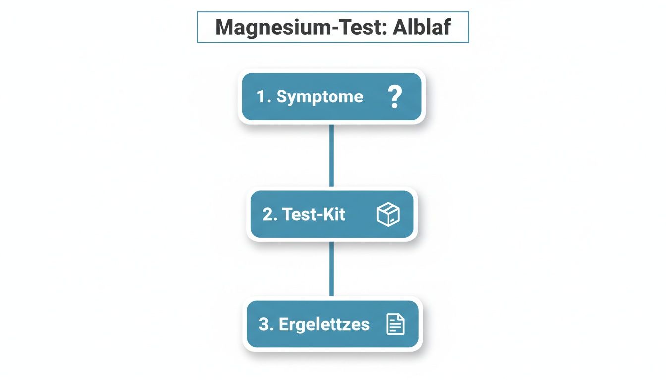 Flussdiagramm zum Ablauf eines Magnesium-Tests mit den Schritten Symptome, Test-Kit und Ergebnisse dargestellt.