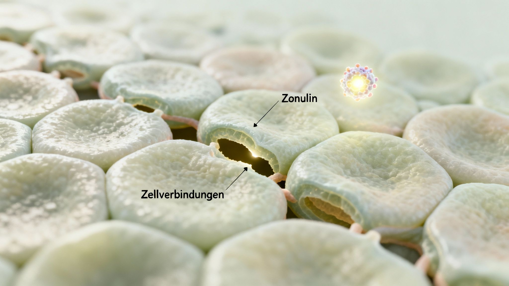 Darmzellen mit geöffneten Zellverbindungen und Zonulin, das die Permeabilität beeinflusst.