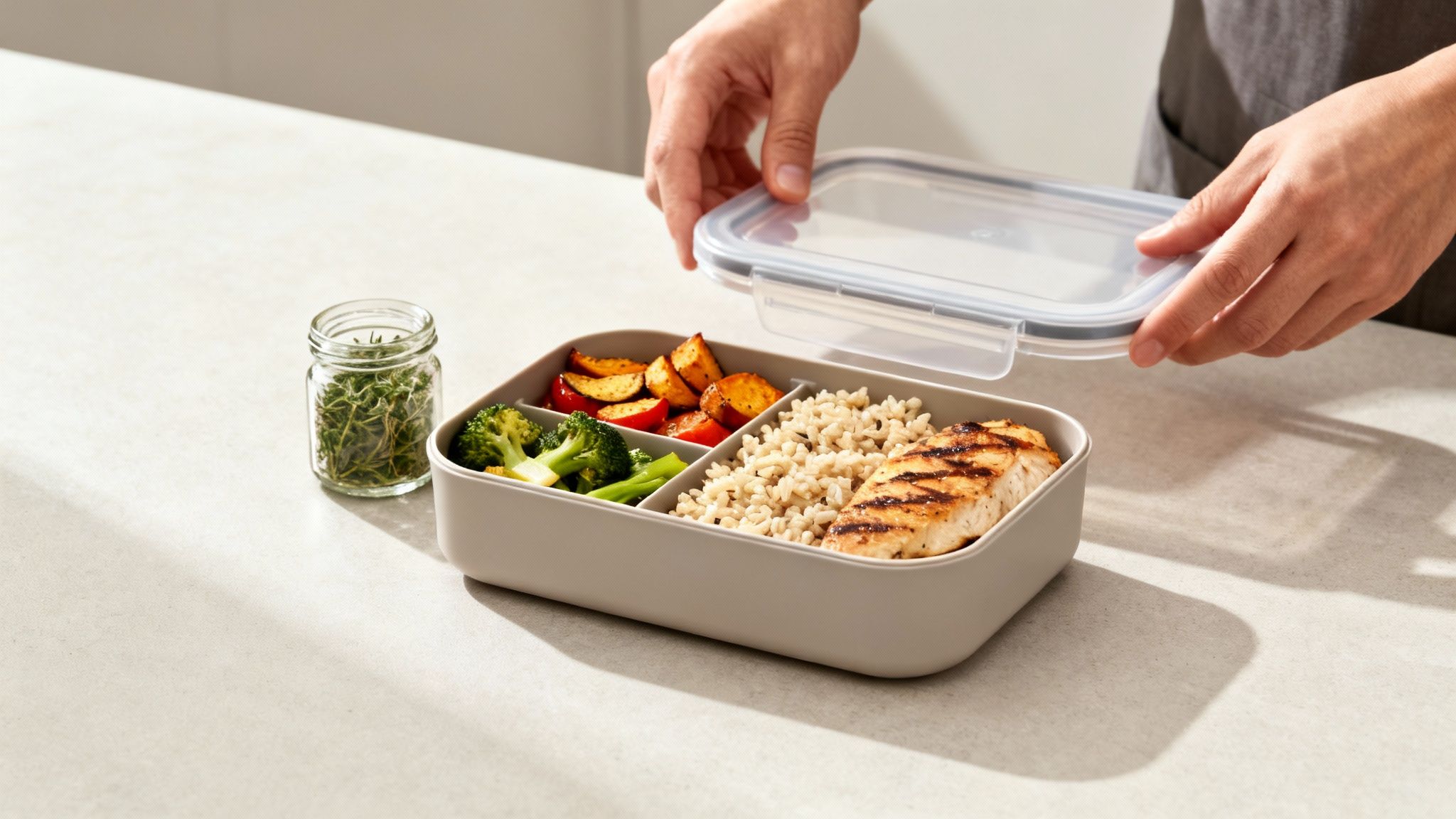 Eine Person bereitet in einer hellen Küche eine bunte Schüssel mit frischem Gemüse vor.