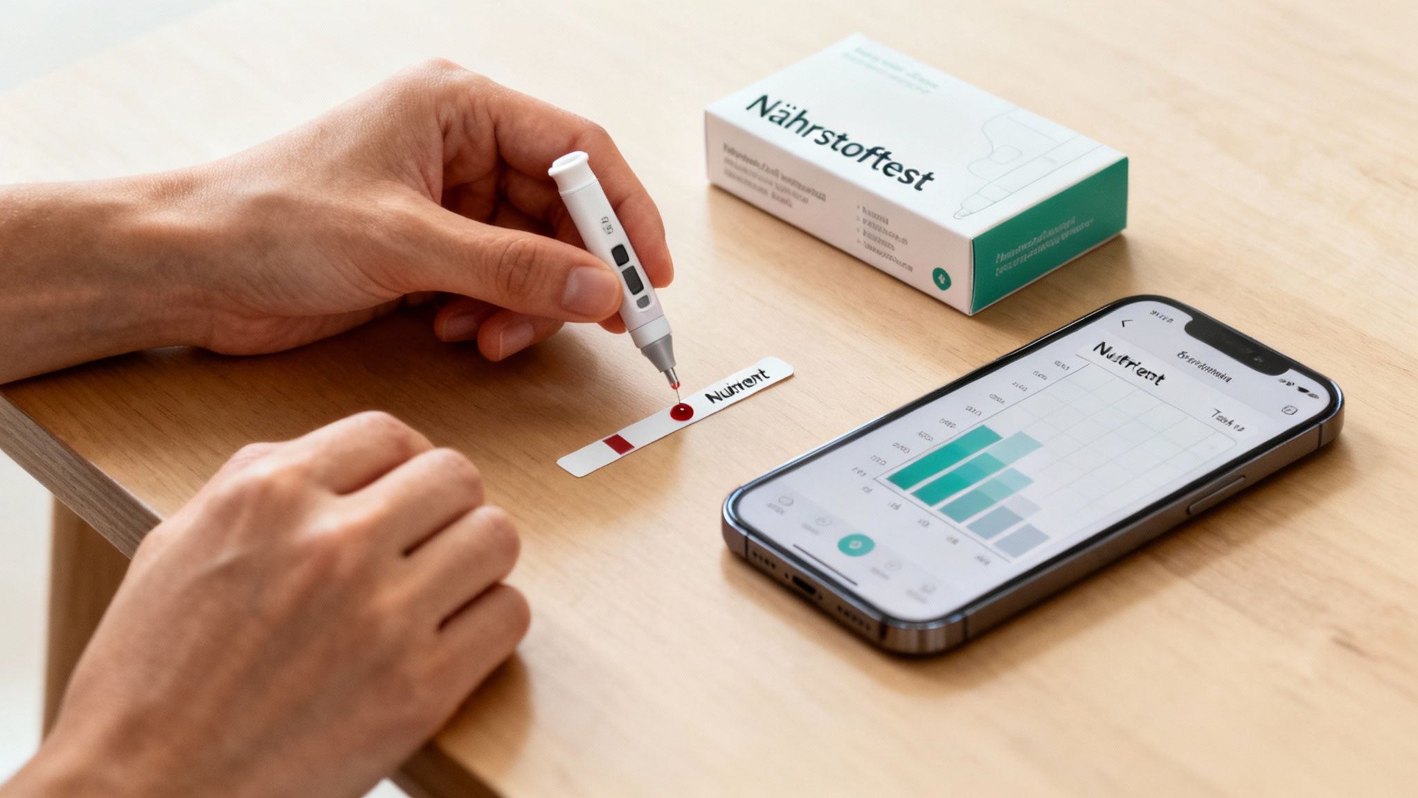 Eine Person hält ein Bluttest-Kit in der Hand, um einen Nährstoffmangel festzustellen.