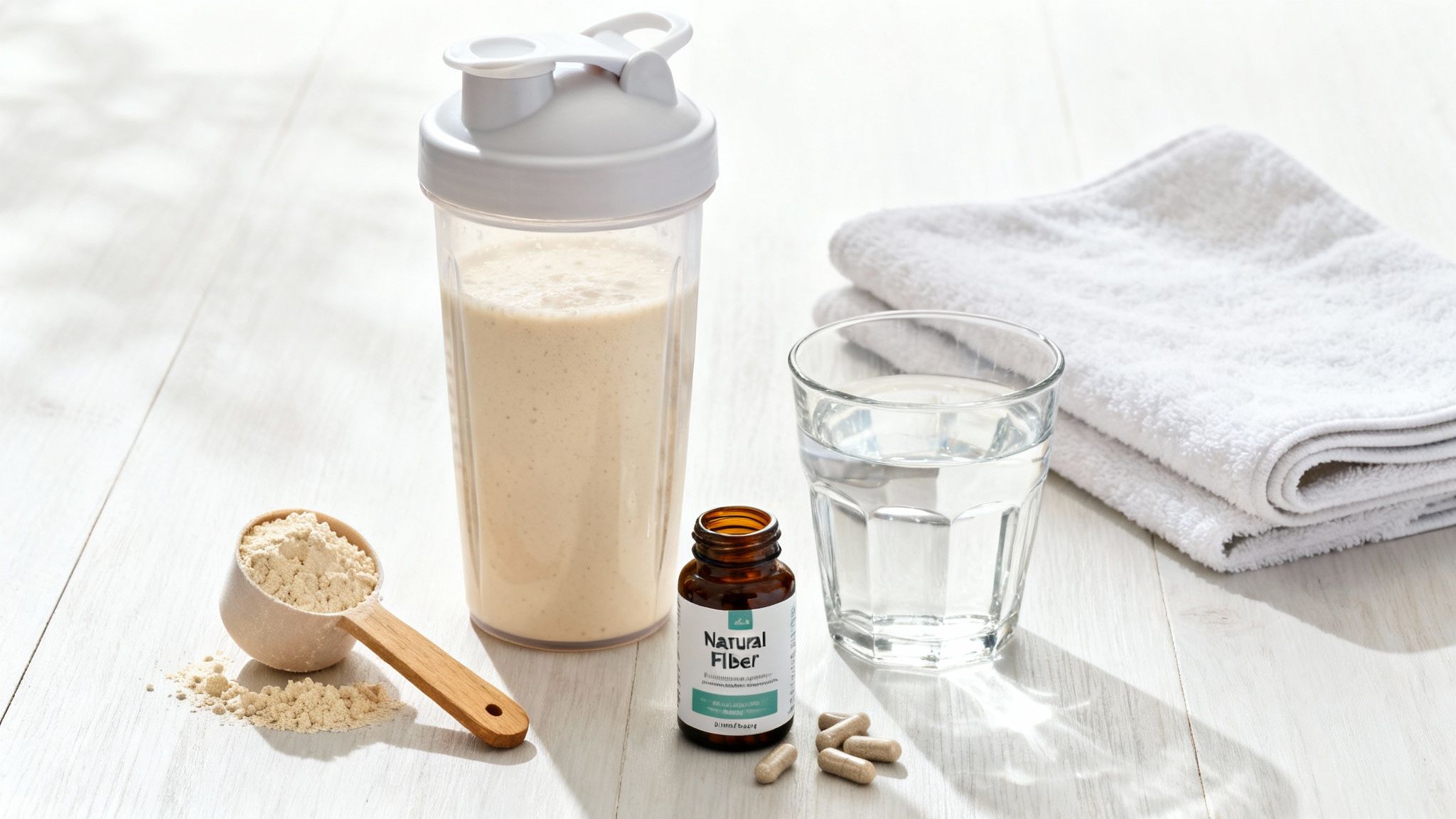 Eine Frau bereitet einen gesunden Protein-Shake in ihrer Küche zu, umgeben von frischem Obst.